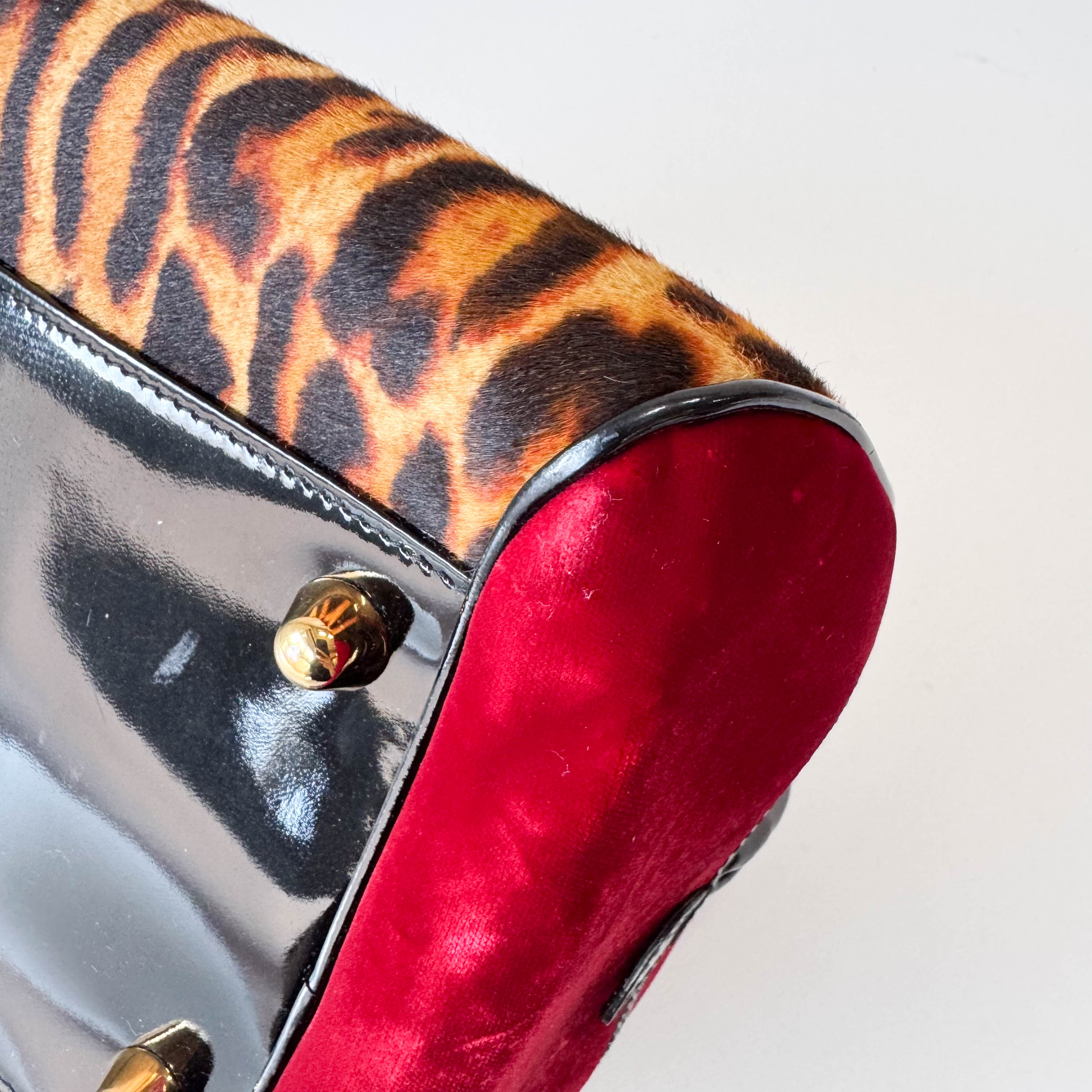 Gambler Yellow Leopard Print Pony Hair & Red Velvet  Handbag