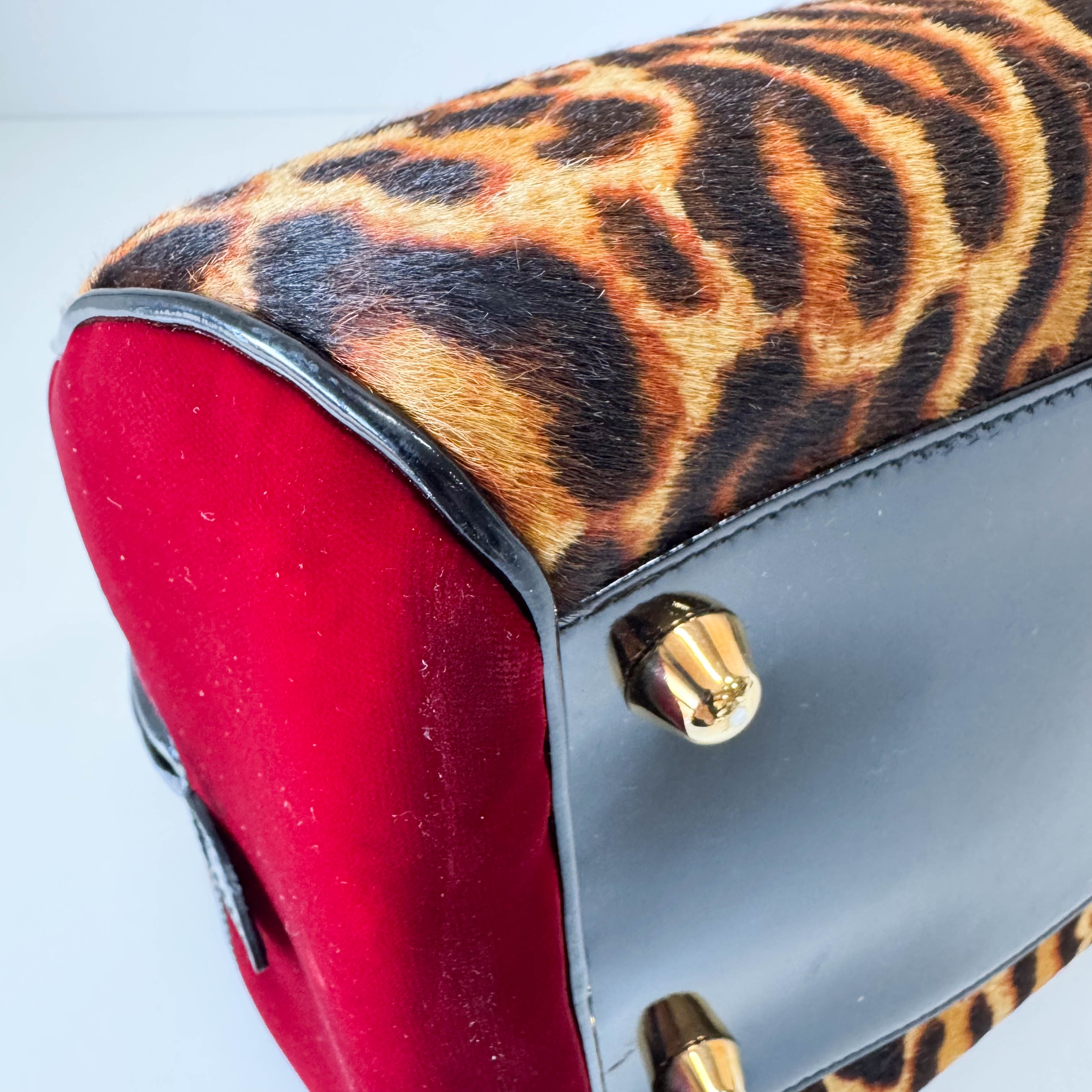 Gambler Yellow Leopard Print Pony Hair & Red Velvet  Handbag