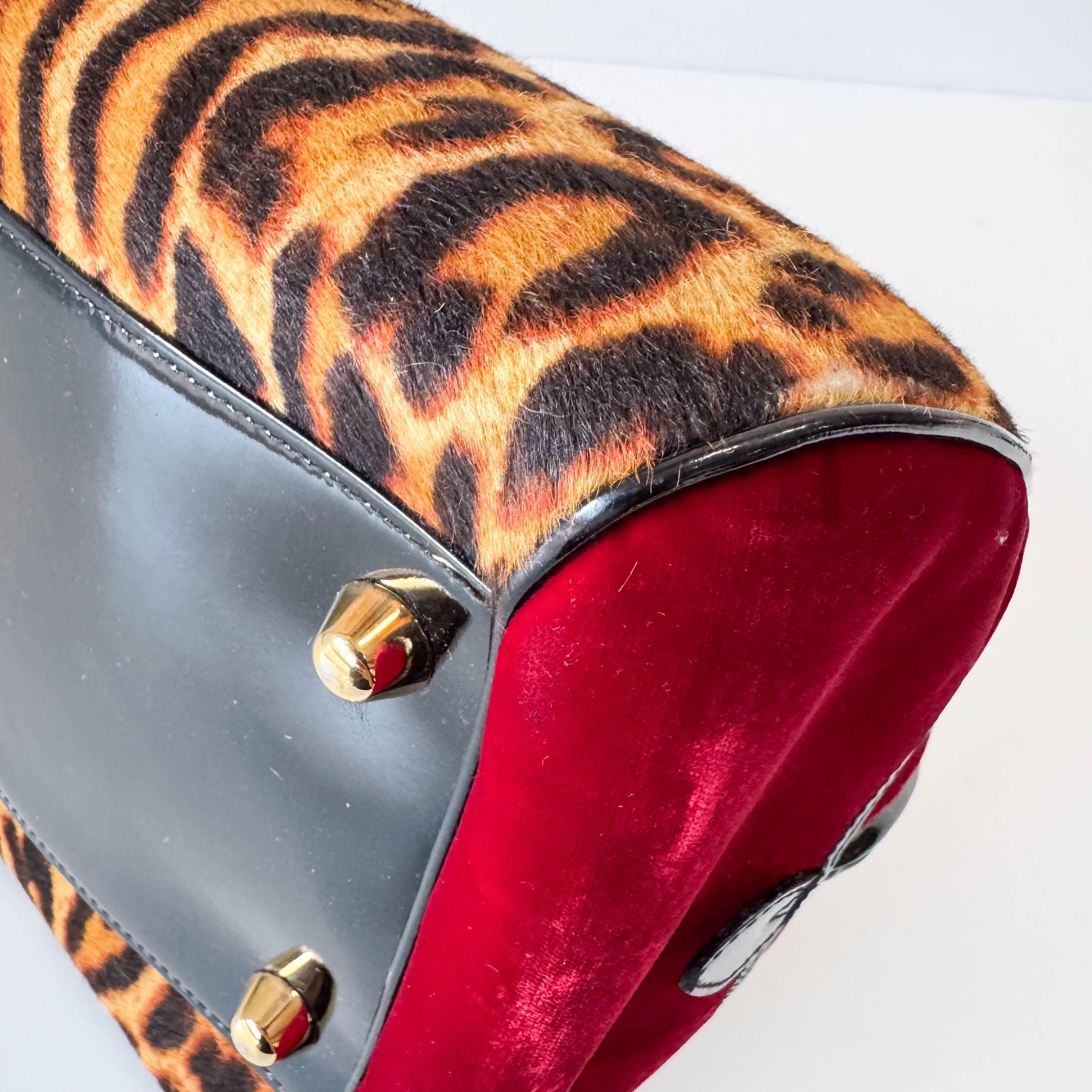 Gambler Yellow Leopard Print Pony Hair & Red Velvet  Handbag
