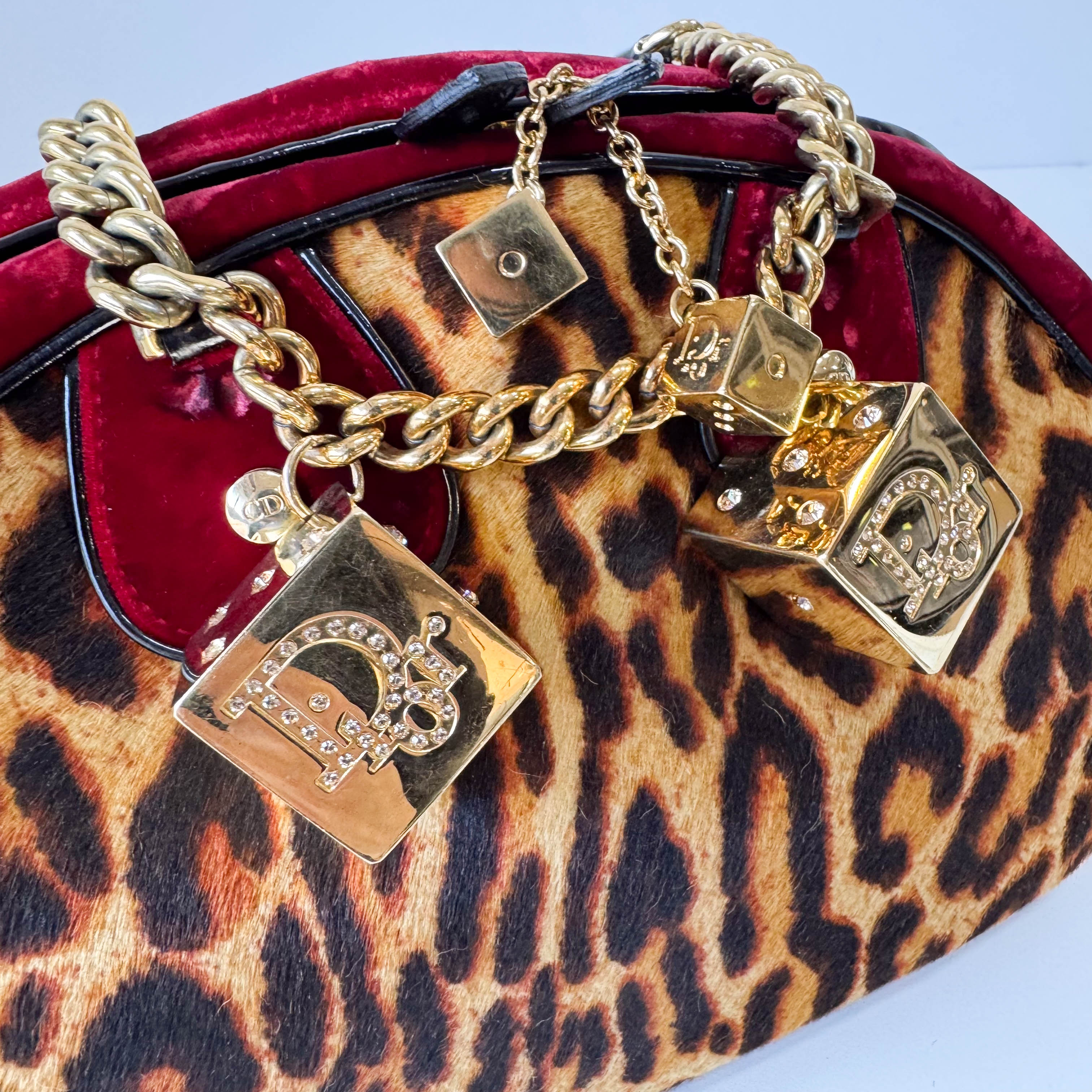 Gambler Yellow Leopard Print Pony Hair & Red Velvet  Handbag
