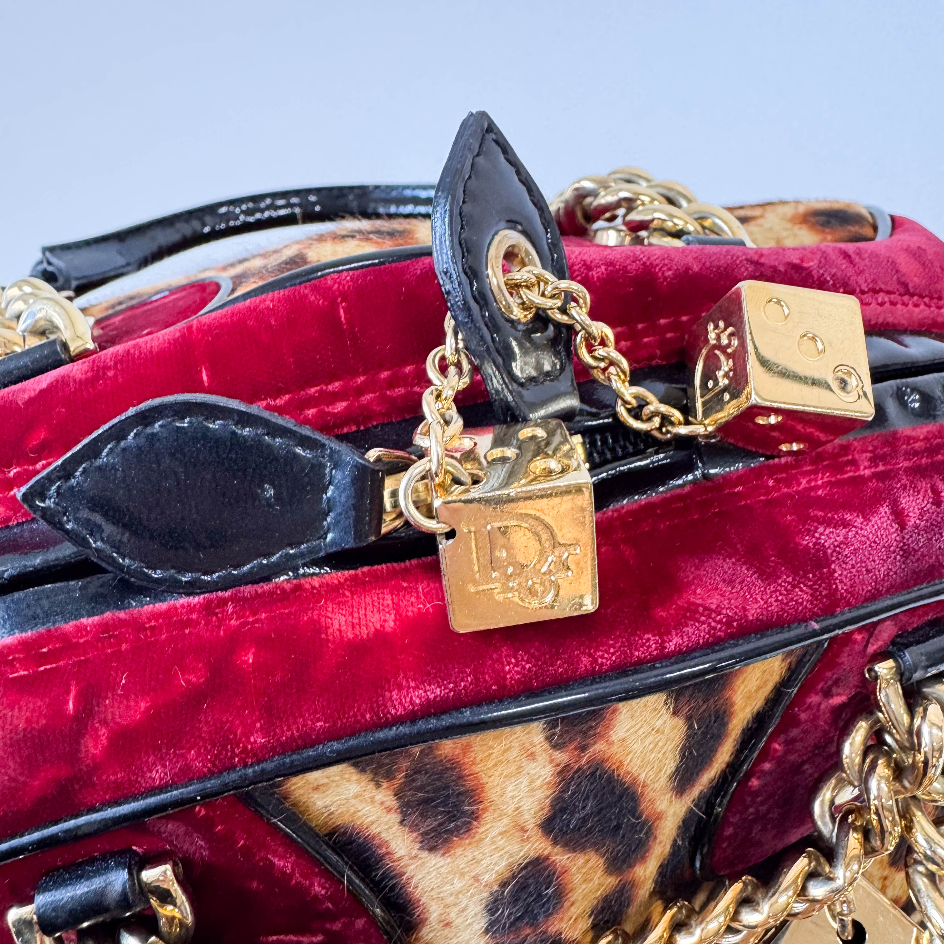 Gambler Yellow Leopard Print Pony Hair & Red Velvet  Handbag