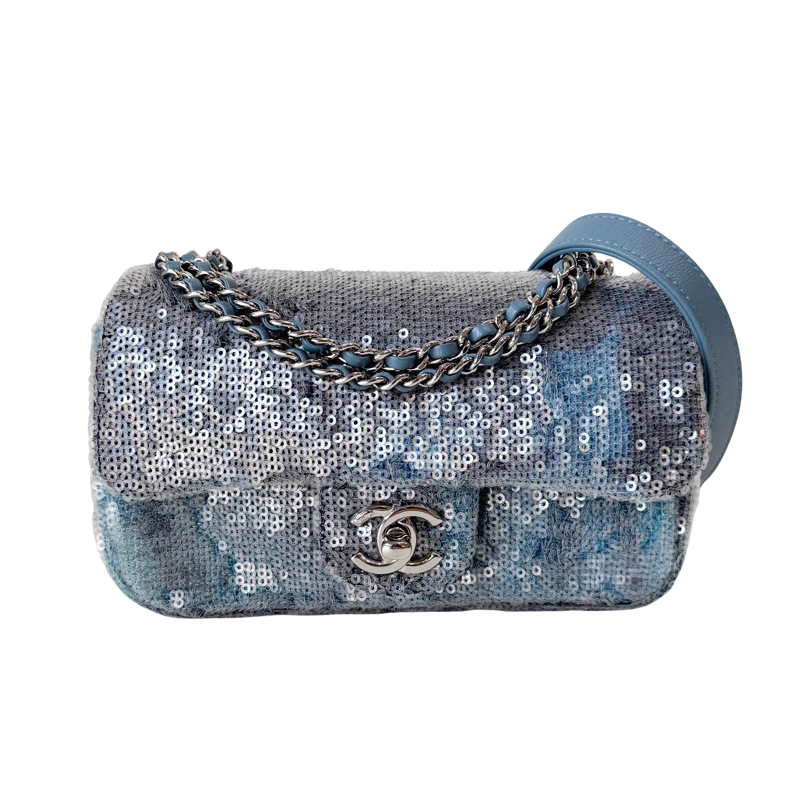 Waterfall Single Flap Mini Rectangular Light Blue Sequin Shoulder Bag