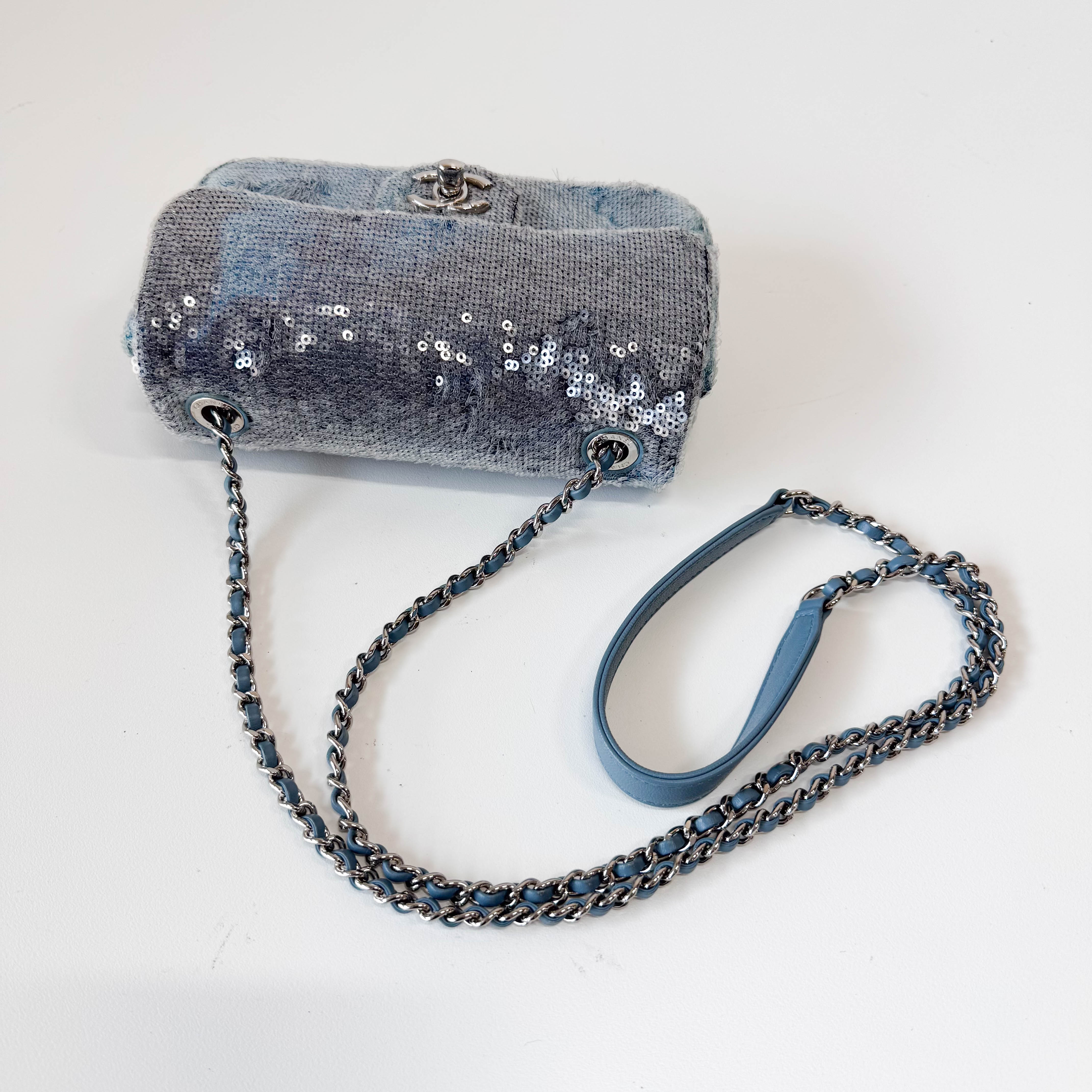 Waterfall Single Flap Mini Rectangular Light Blue Sequin Shoulder Bag