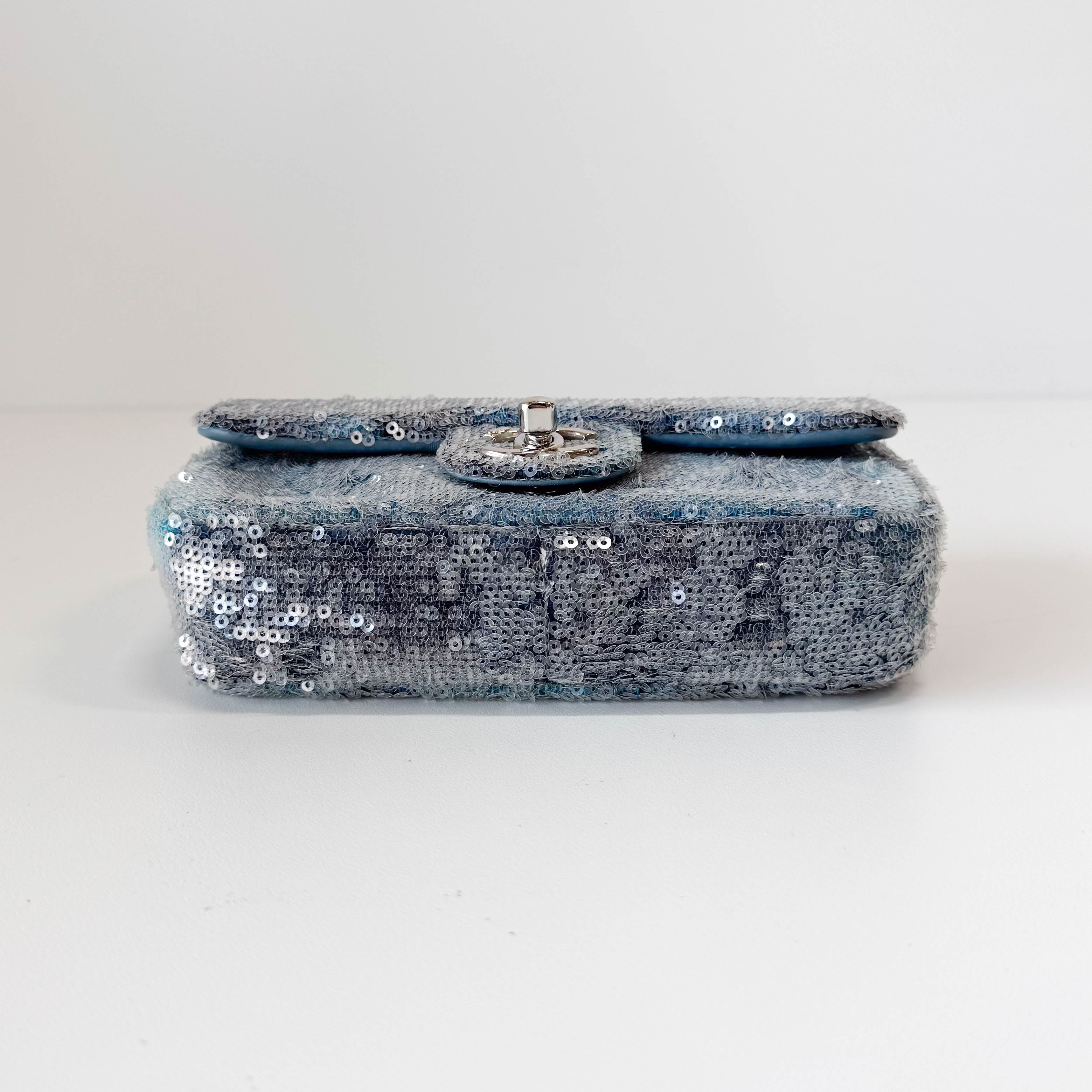 Waterfall Single Flap Mini Rectangular Light Blue Sequin Shoulder Bag