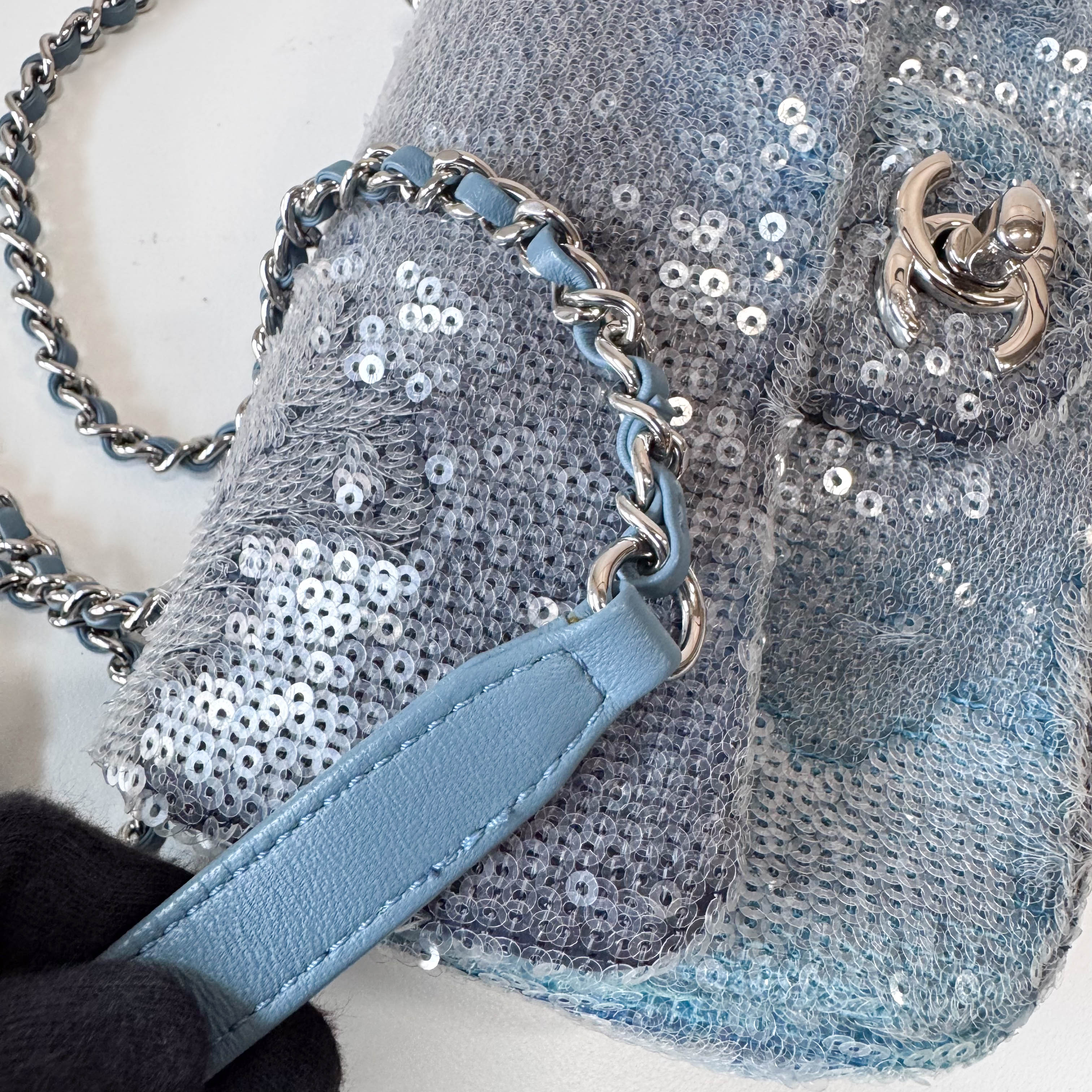 Waterfall Single Flap Mini Rectangular Light Blue Sequin Shoulder Bag