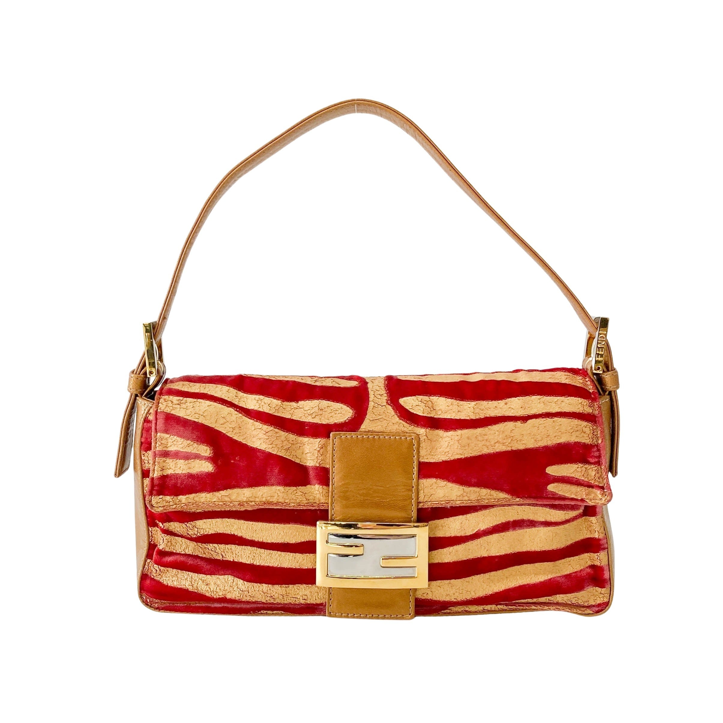 Baguette Red Tiger Gold Zebra Pattern Leather / Velvet Shoulder Bag