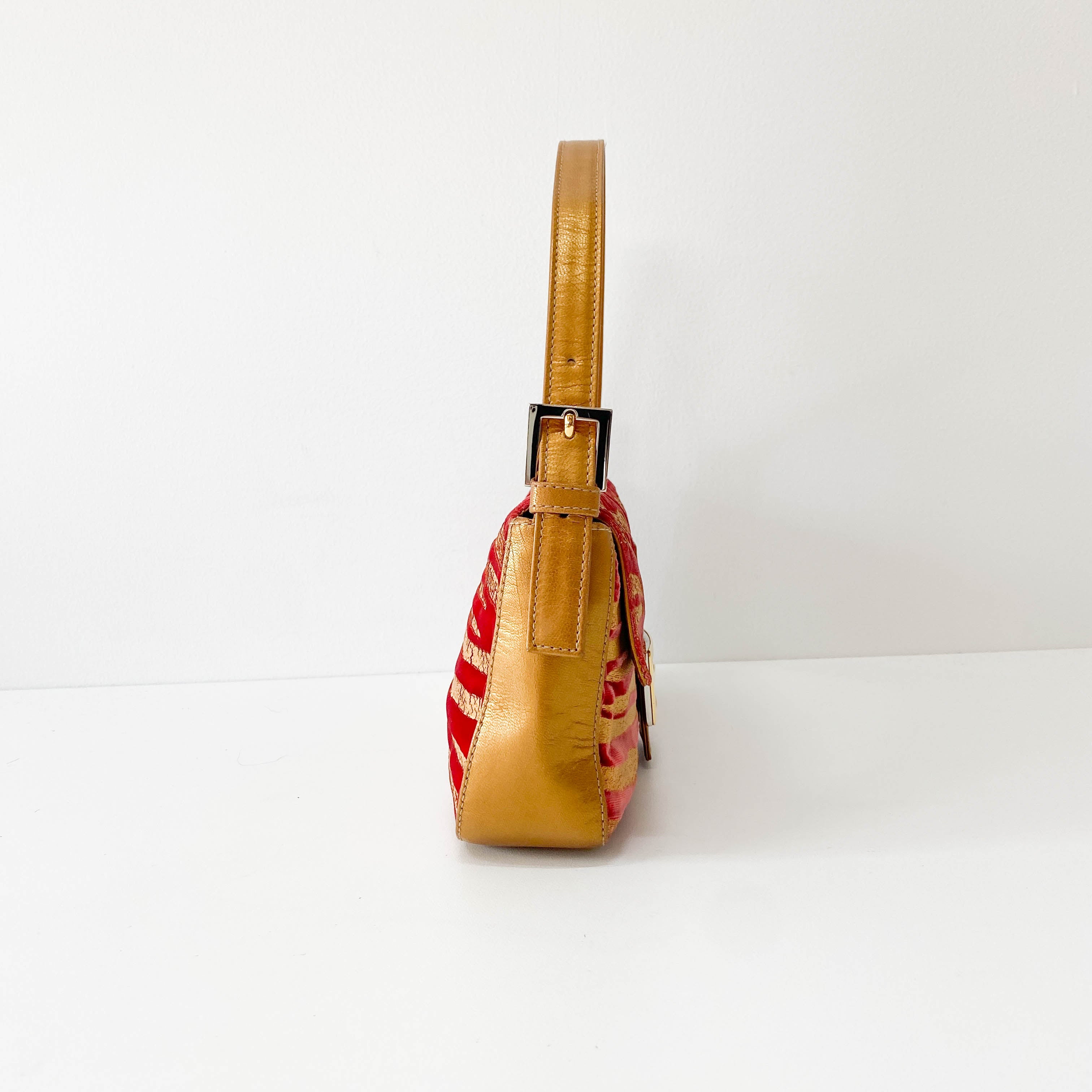 Baguette Red Tiger Gold Zebra Pattern Leather / Velvet Shoulder Bag