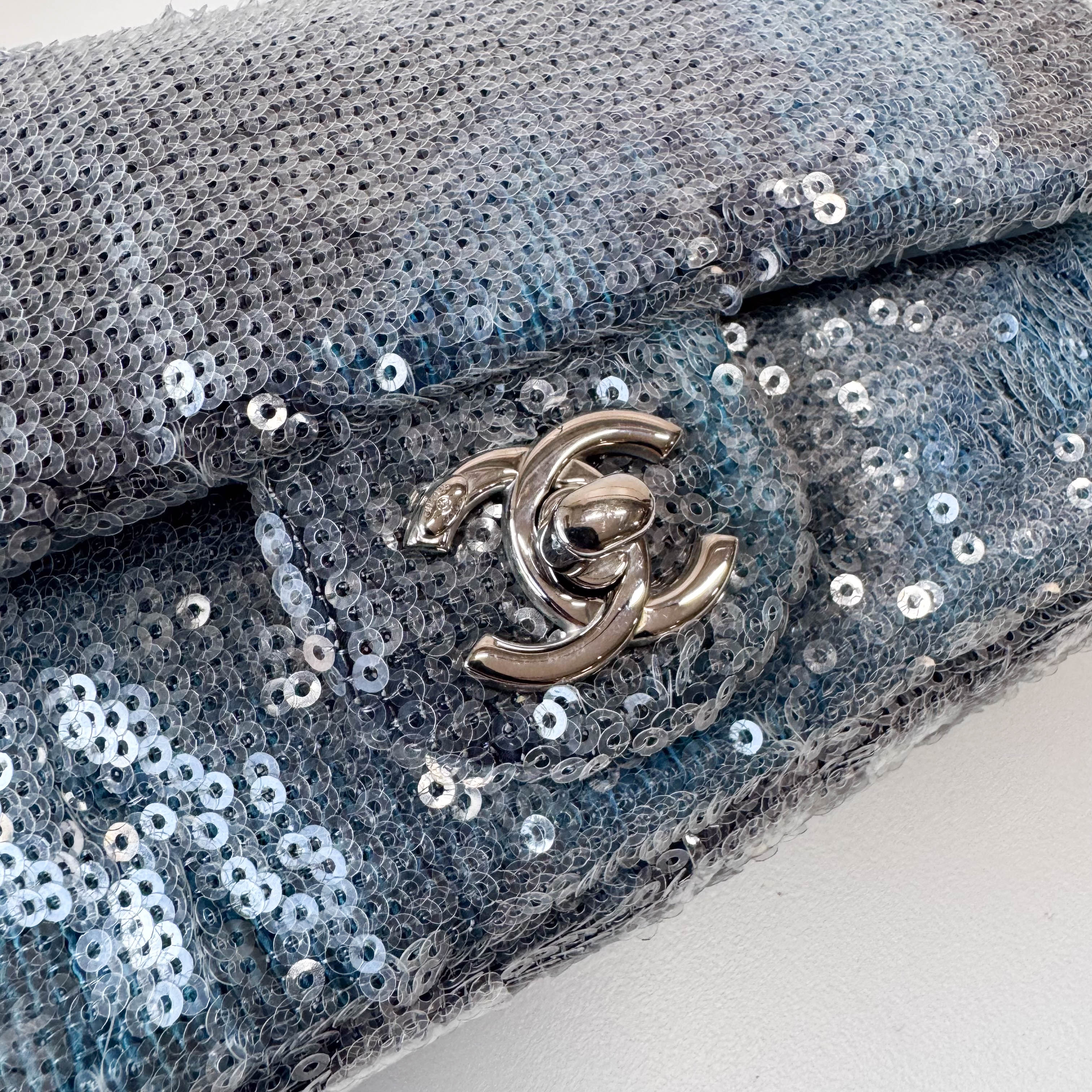 Waterfall Single Flap Mini Rectangular Light Blue Sequin Shoulder Bag