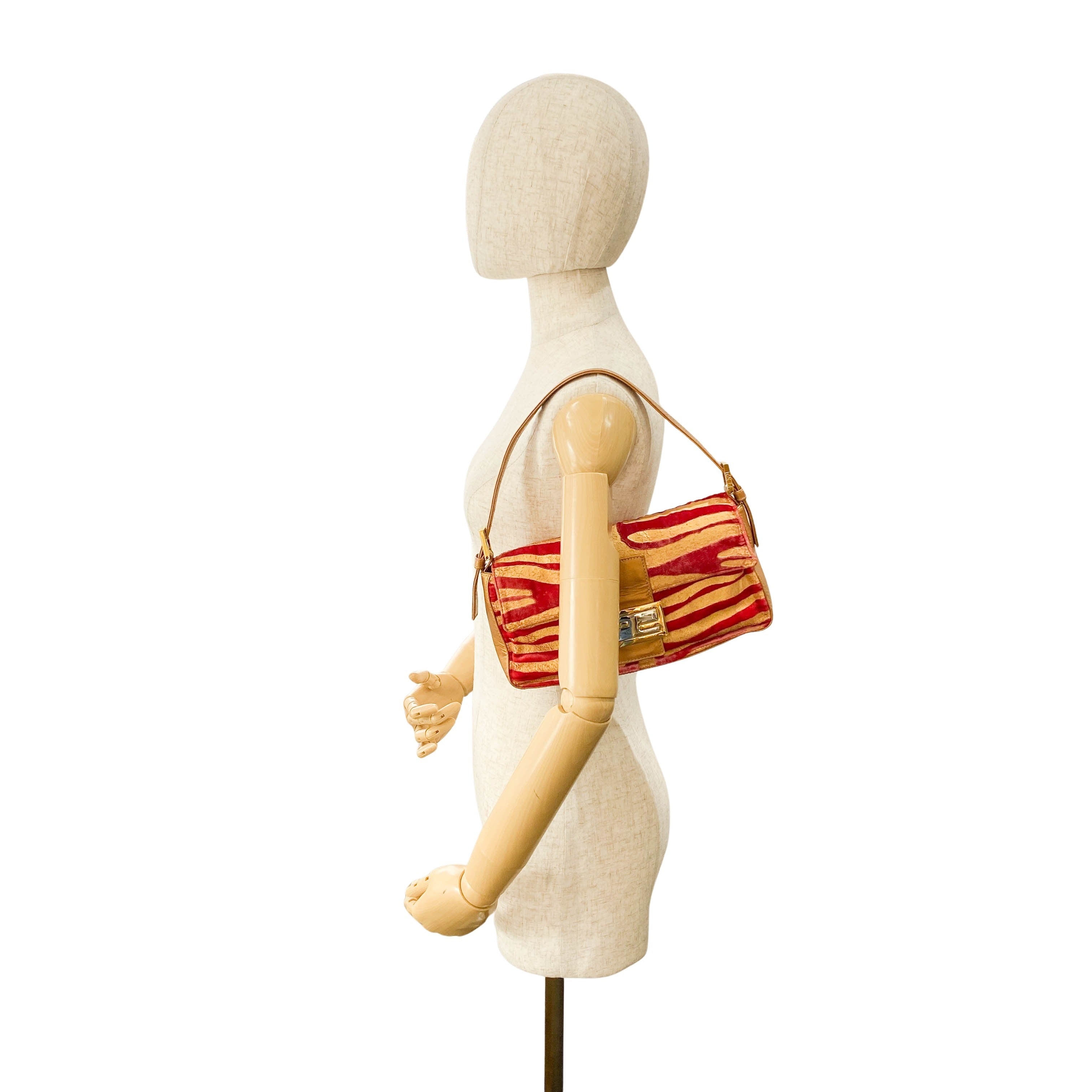 Baguette Red Tiger Gold Zebra Pattern Leather / Velvet Shoulder Bag