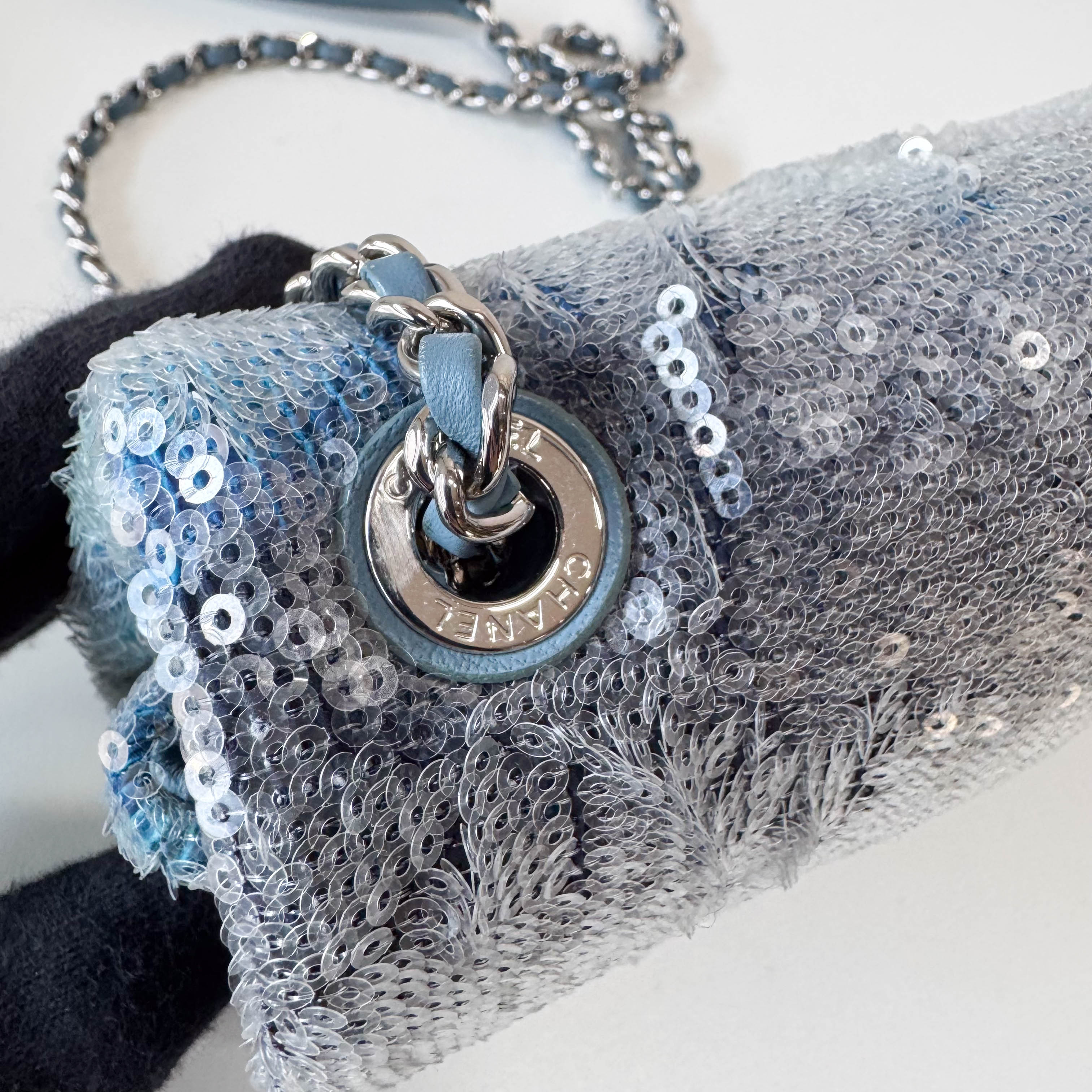 Waterfall Single Flap Mini Rectangular Light Blue Sequin Shoulder Bag