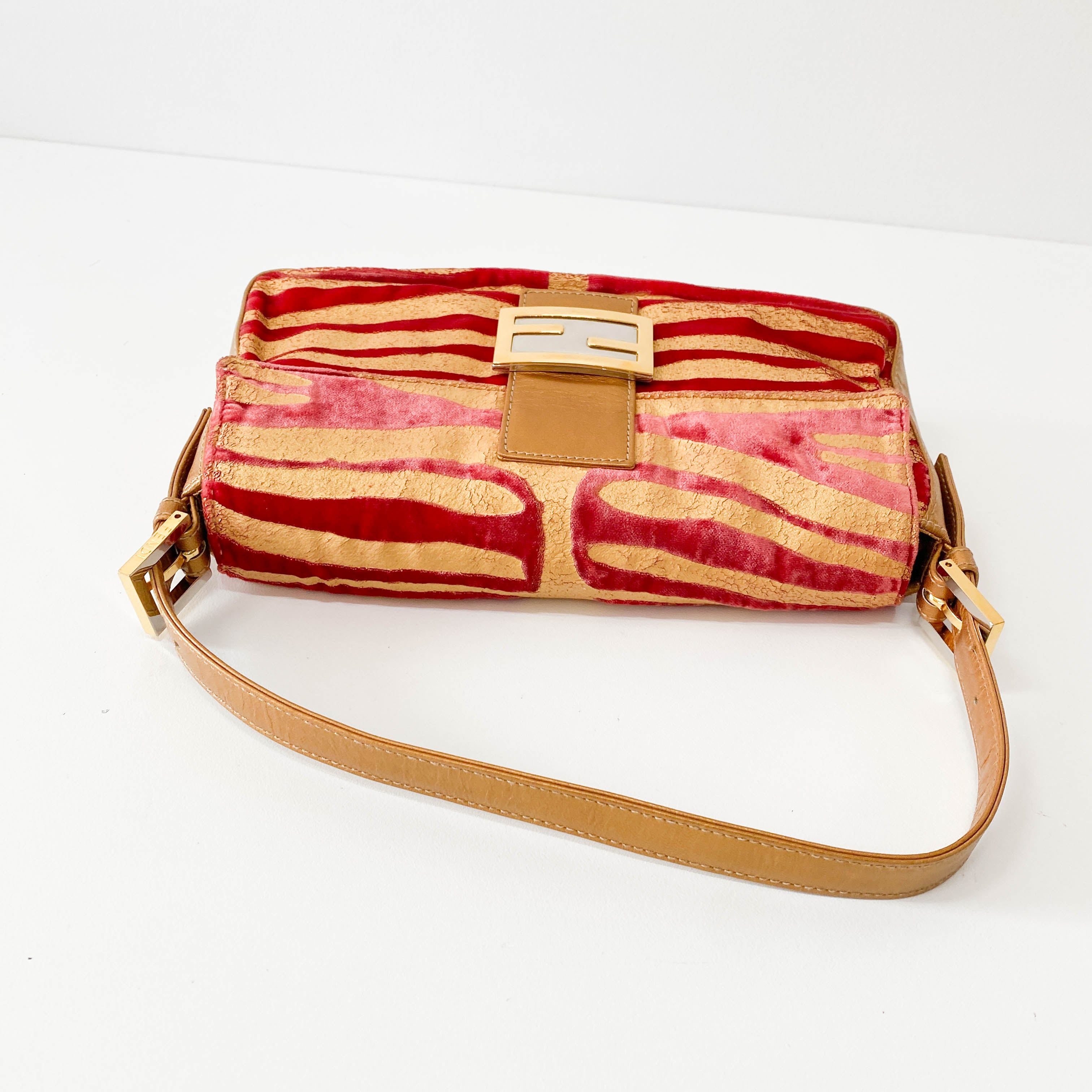Baguette Red Tiger Gold Zebra Pattern Leather / Velvet Shoulder Bag