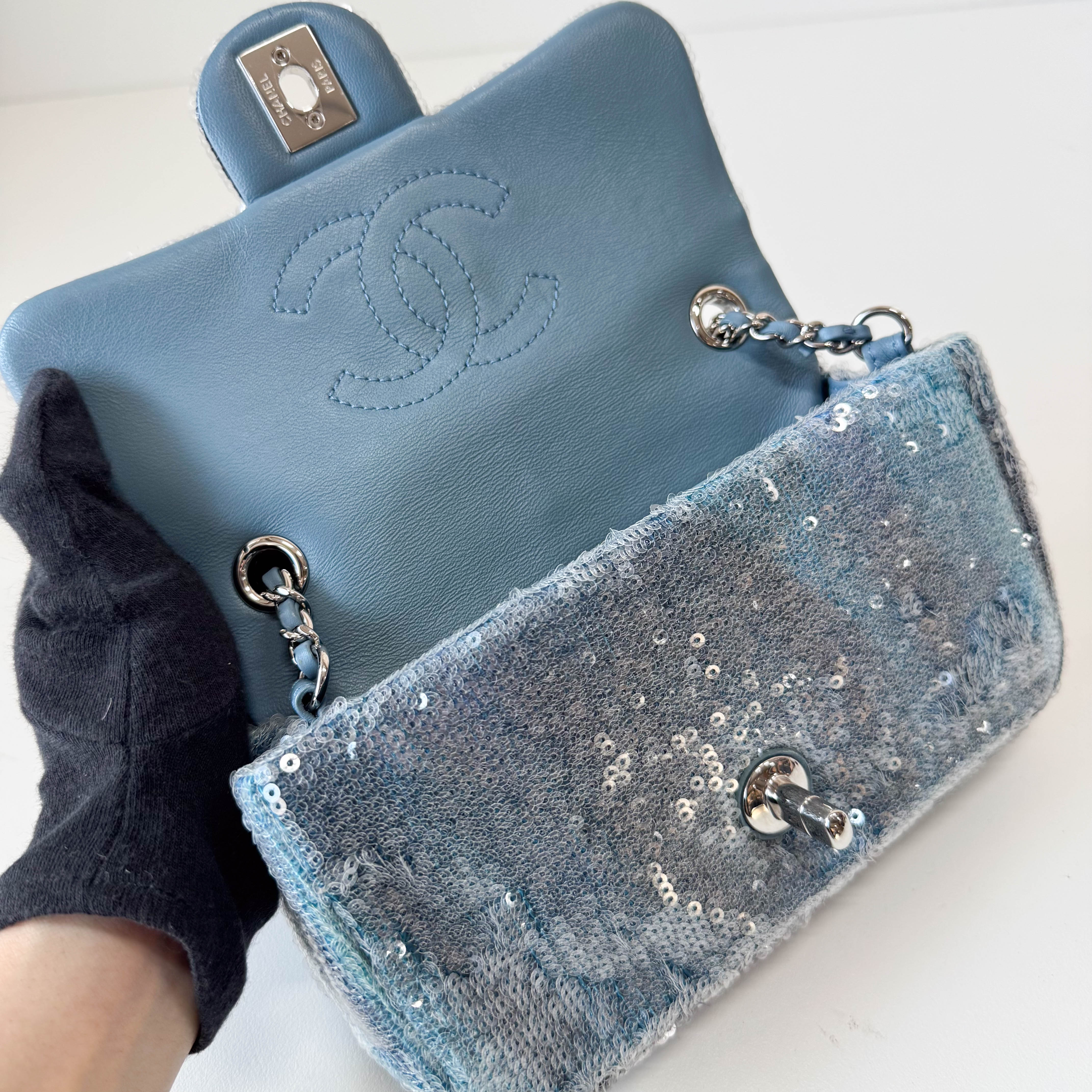 Waterfall Single Flap Mini Rectangular Light Blue Sequin Shoulder Bag