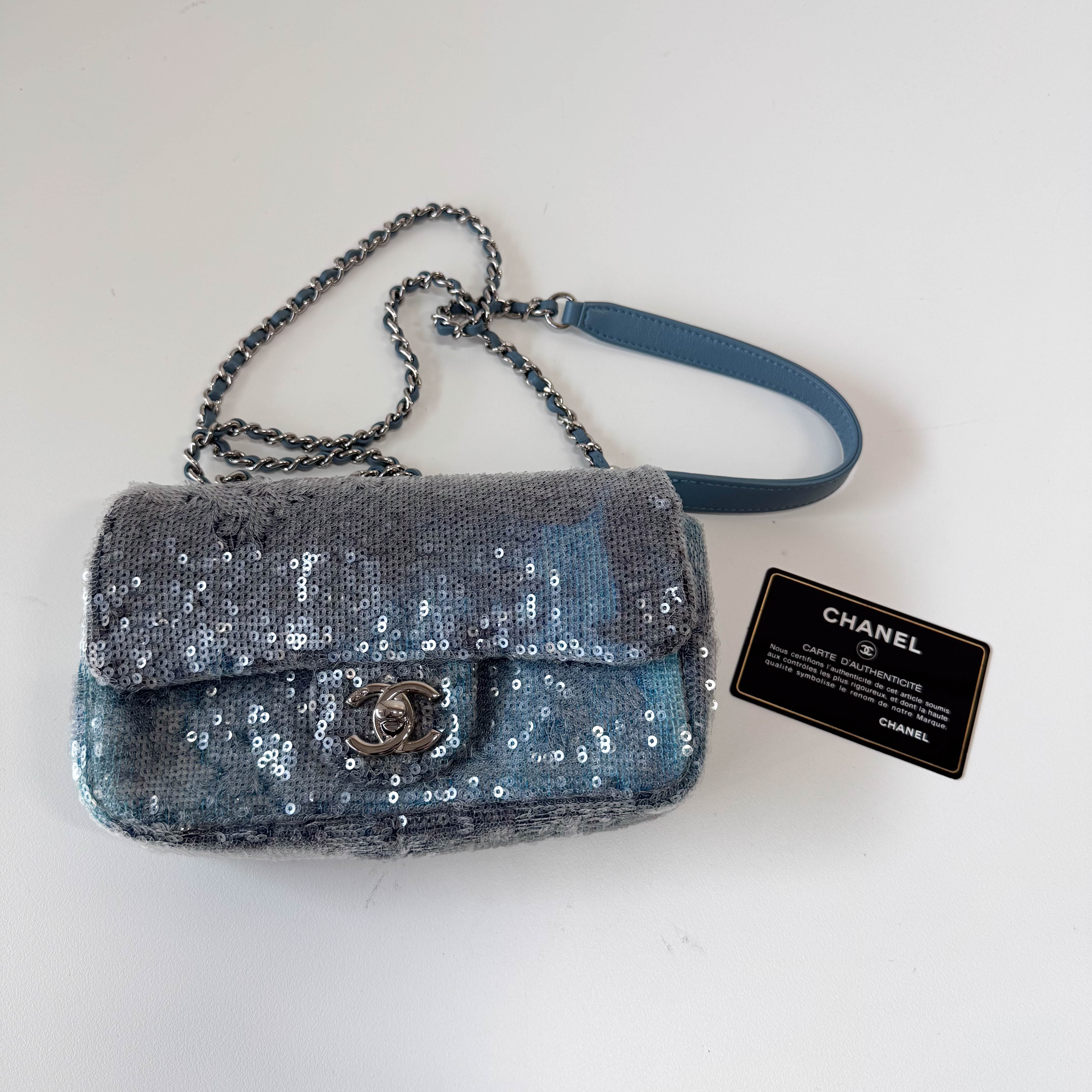 Waterfall Single Flap Mini Rectangular Light Blue Sequin Shoulder Bag