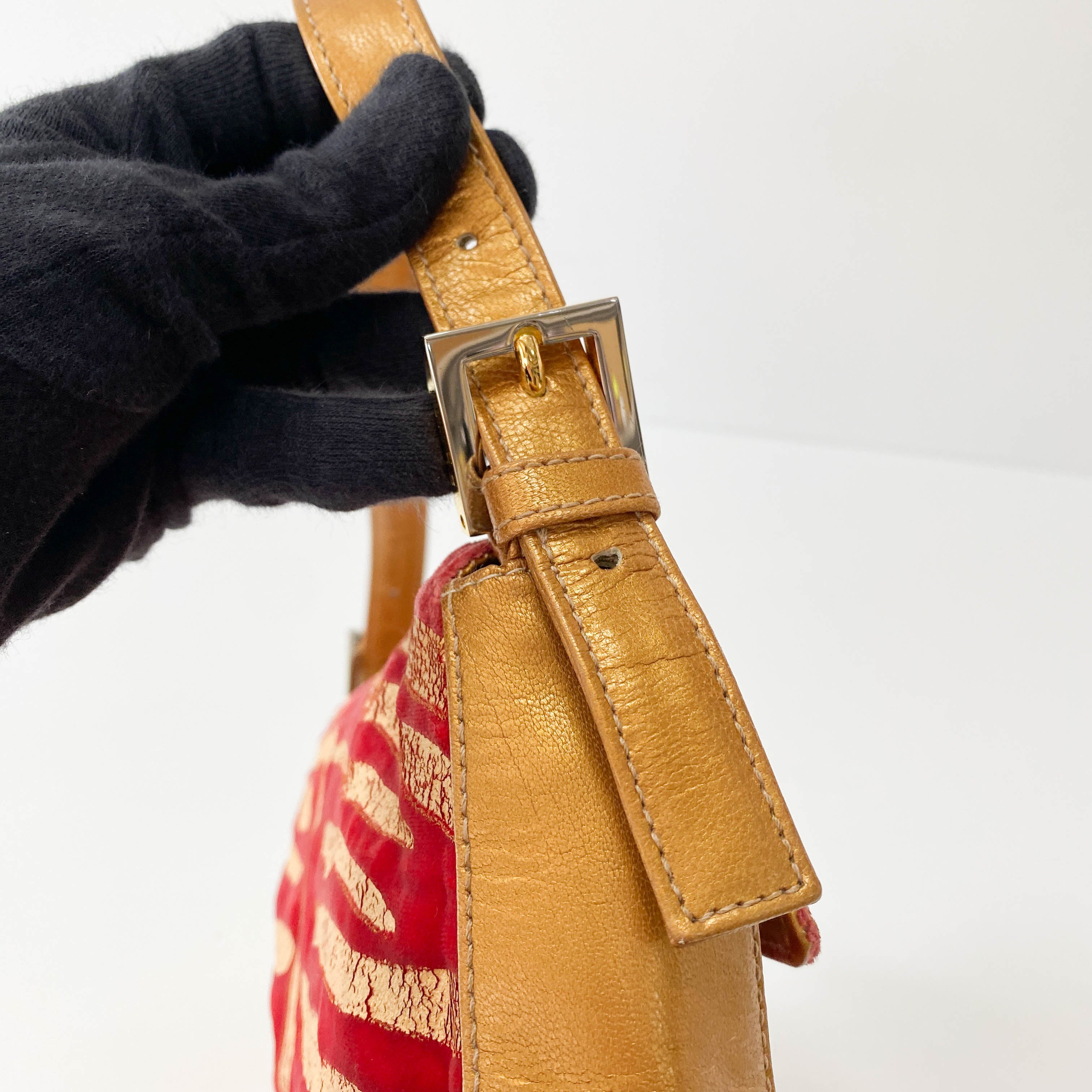 Baguette Red Tiger Gold Zebra Pattern Leather / Velvet Shoulder Bag