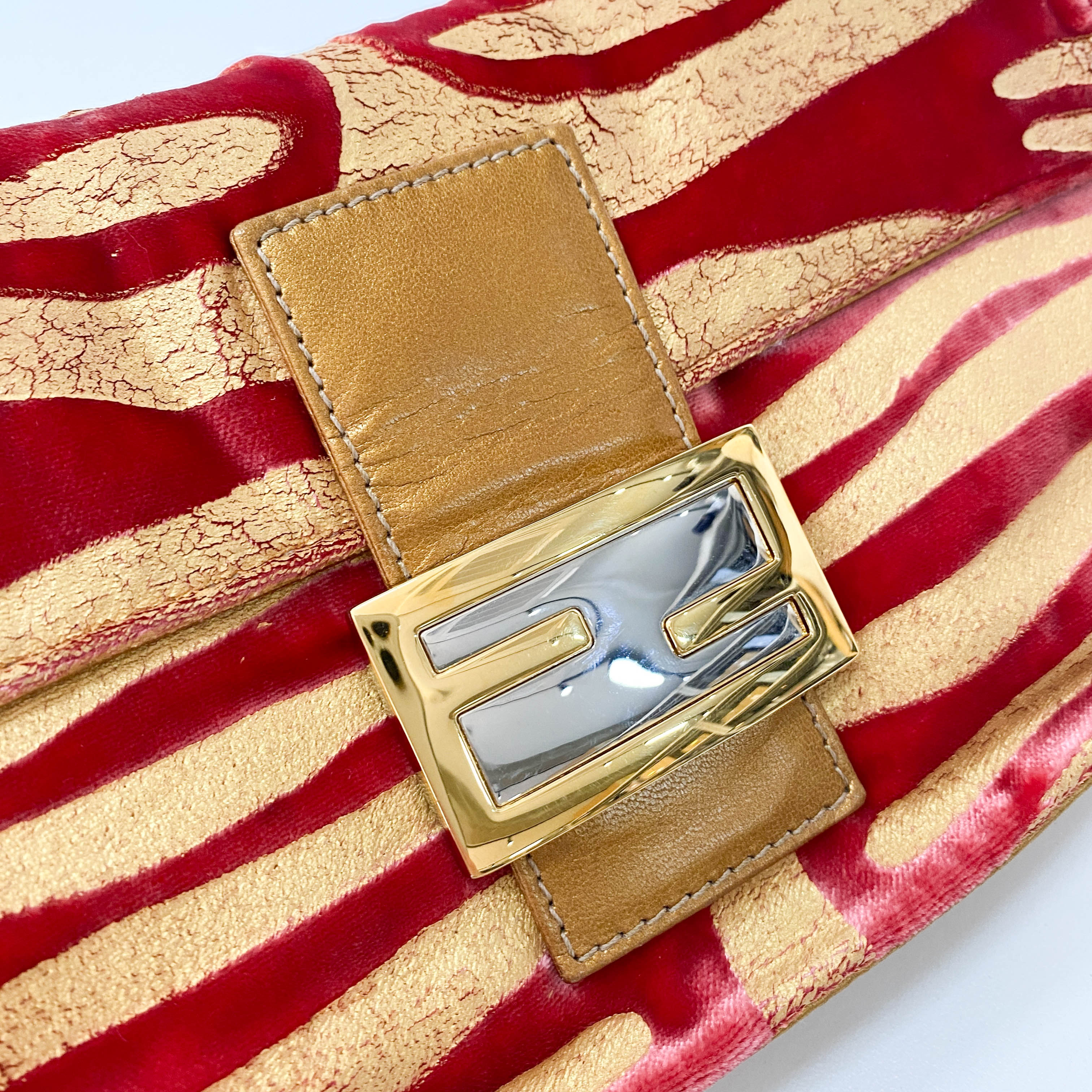 Baguette Red Tiger Gold Zebra Pattern Leather / Velvet Shoulder Bag
