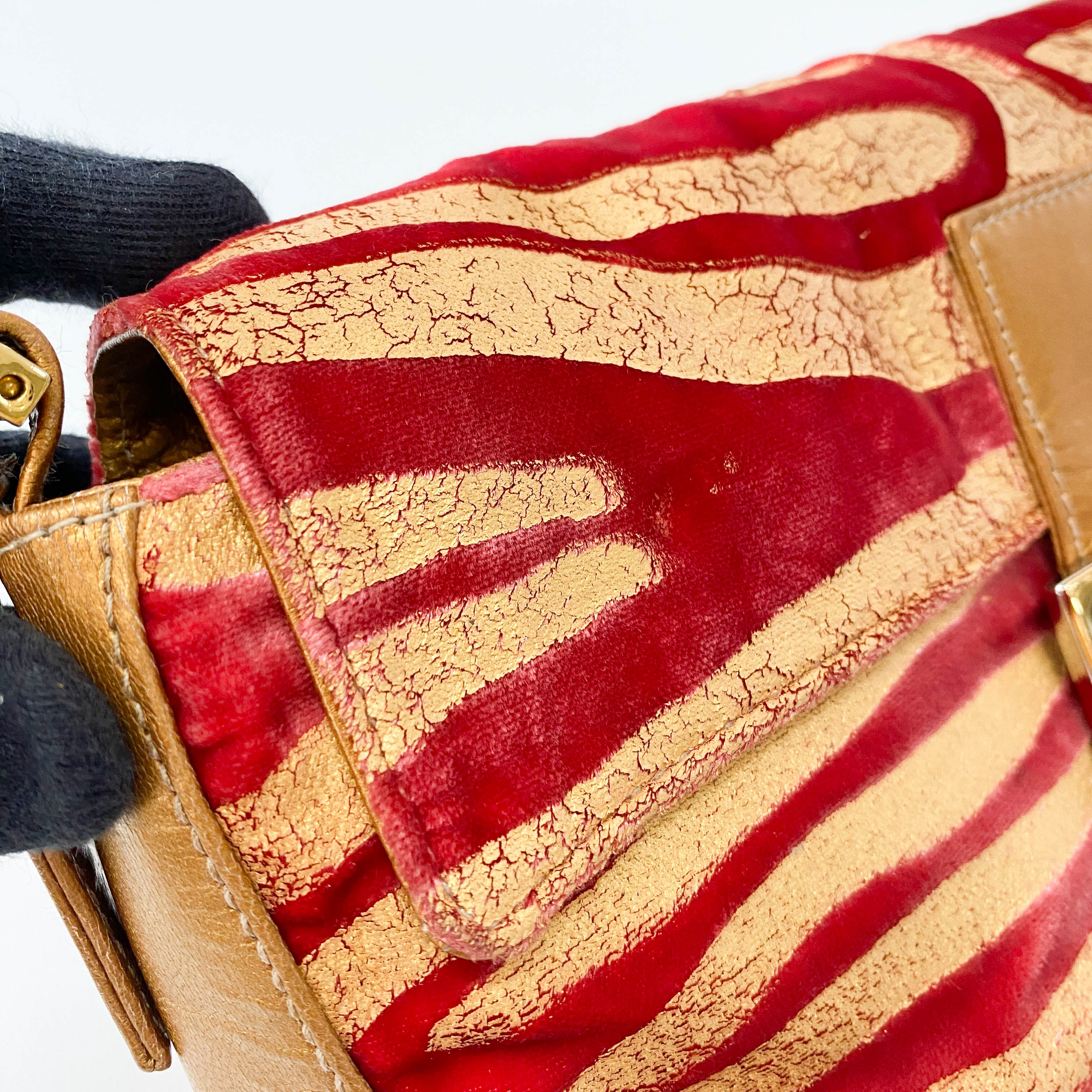 Baguette Red Tiger Gold Zebra Pattern Leather / Velvet Shoulder Bag