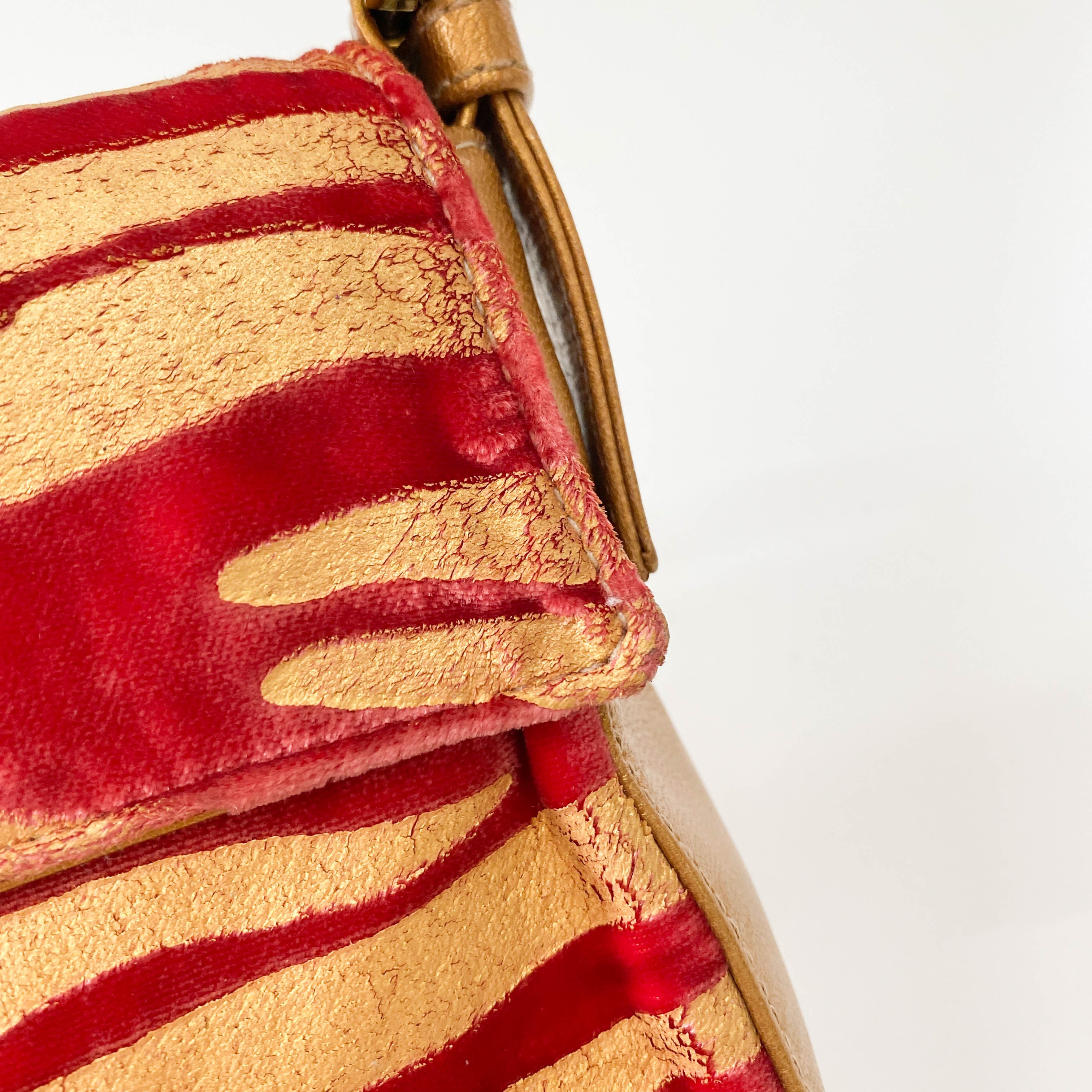 Baguette Red Tiger Gold Zebra Pattern Leather / Velvet Shoulder Bag
