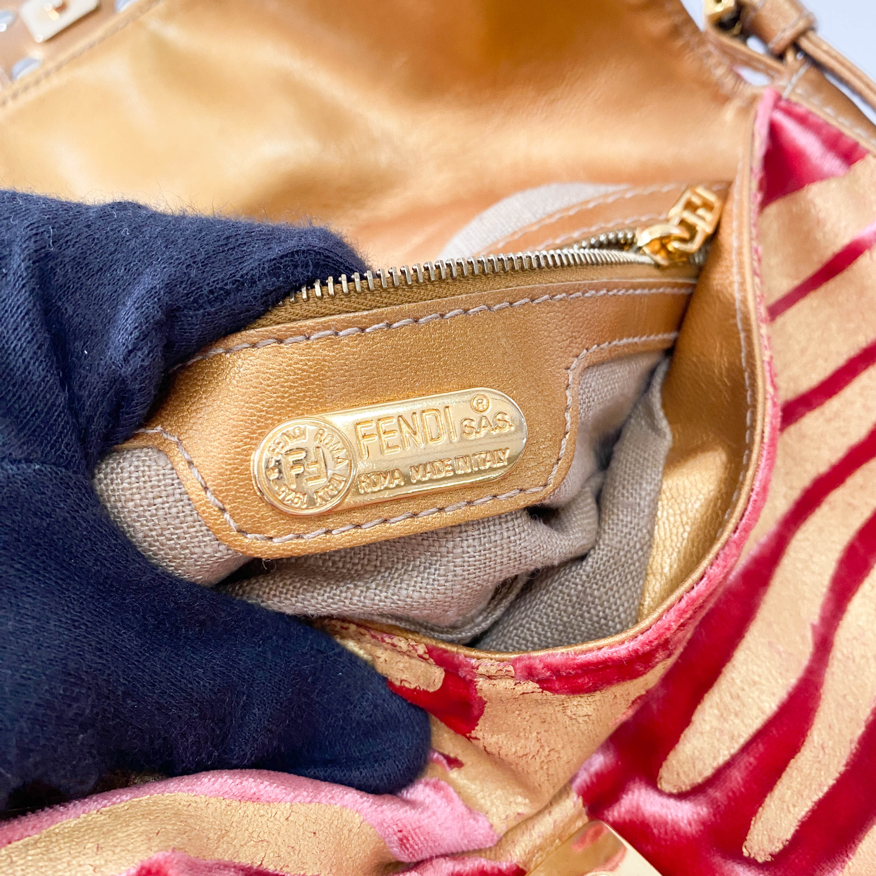 Baguette Red Tiger Gold Zebra Pattern Leather / Velvet Shoulder Bag