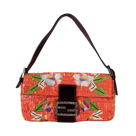 Baguette Orange Cotton & Sequin Embroidery Bag