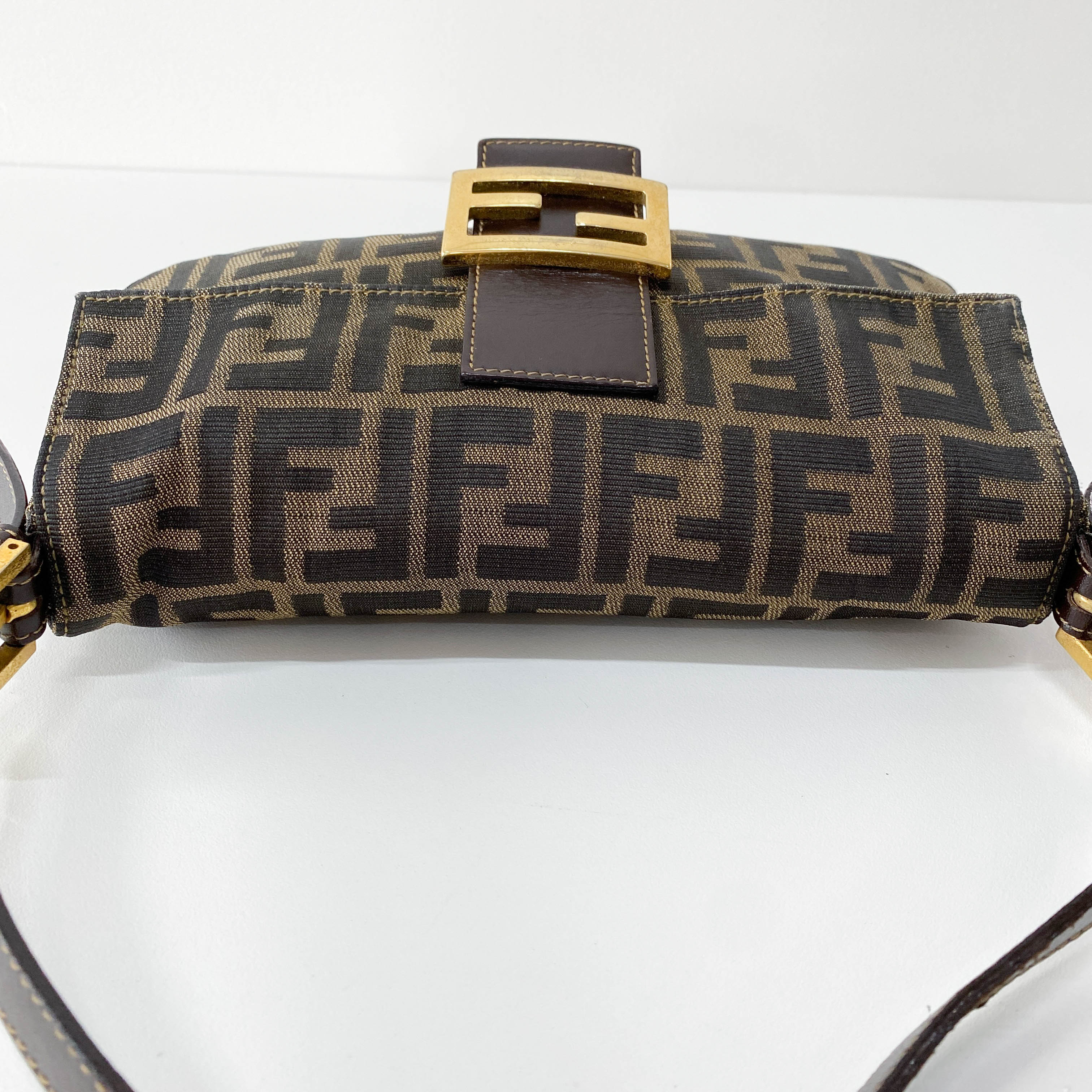 Baguette Brown Zucca Canvas Shoulder Bag with Gold Hardware