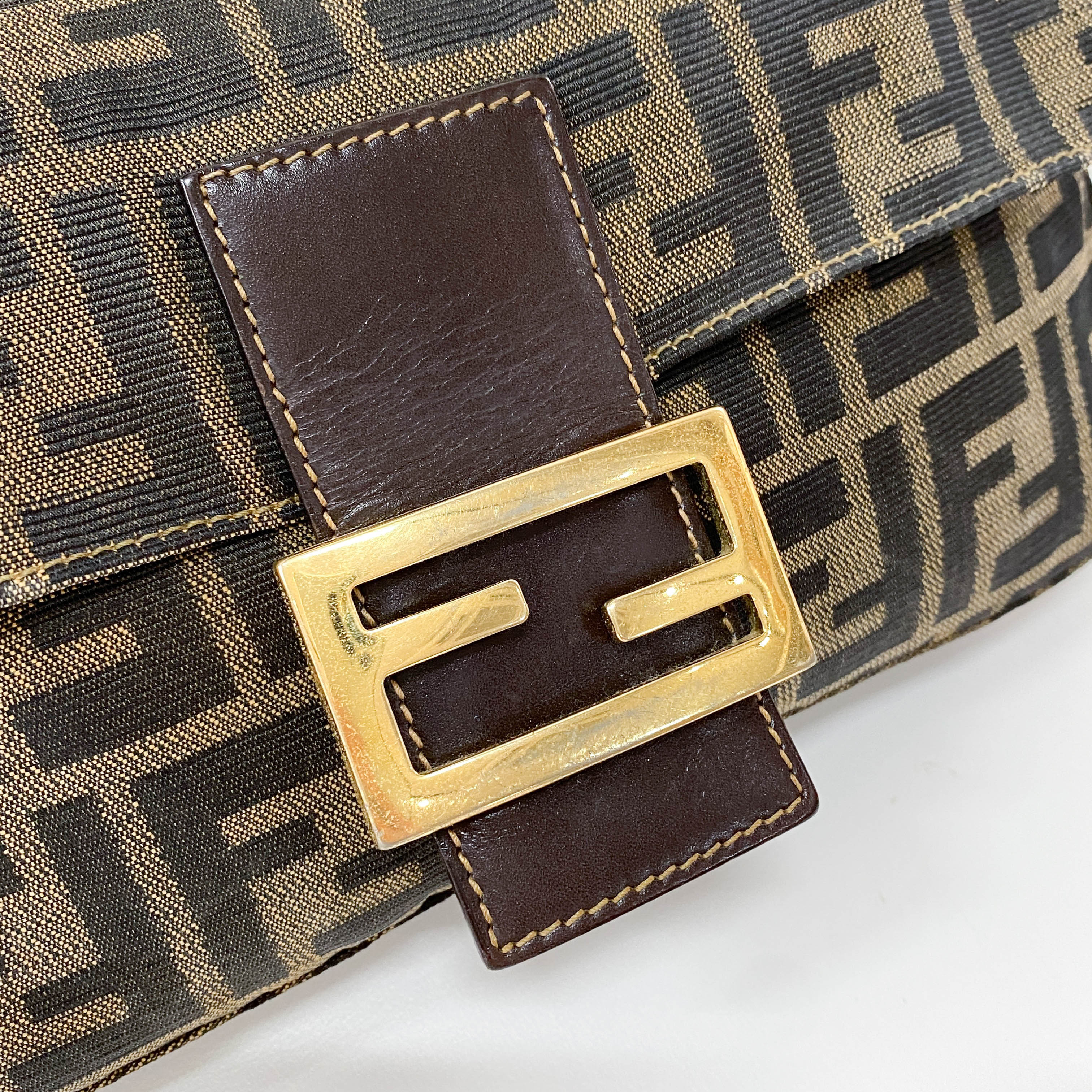 Baguette Brown Zucca Canvas Shoulder Bag with Gold Hardware