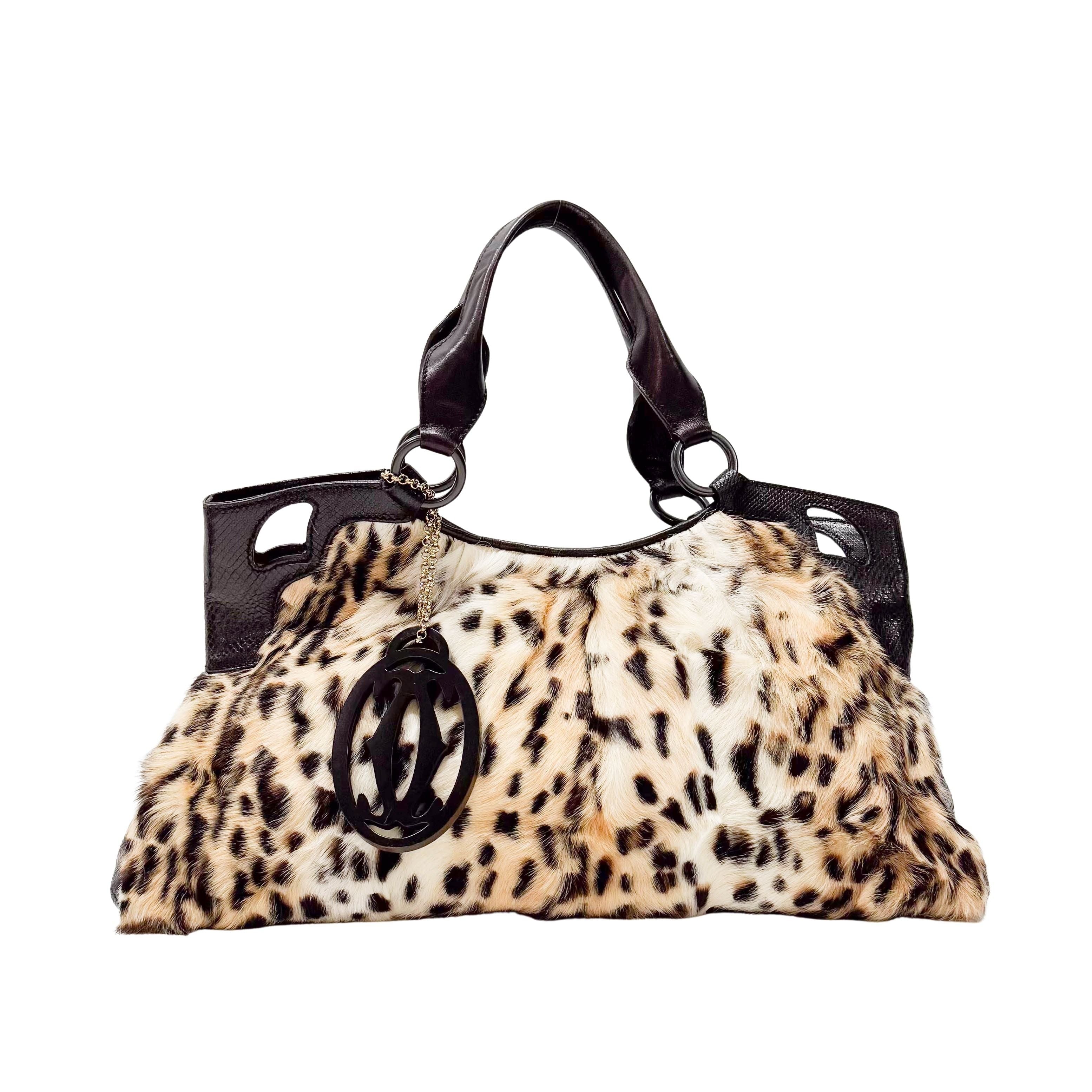 Neutral Leopard Print Pony Hair & Black Lizzard Embossed Leather Shoulder Bag