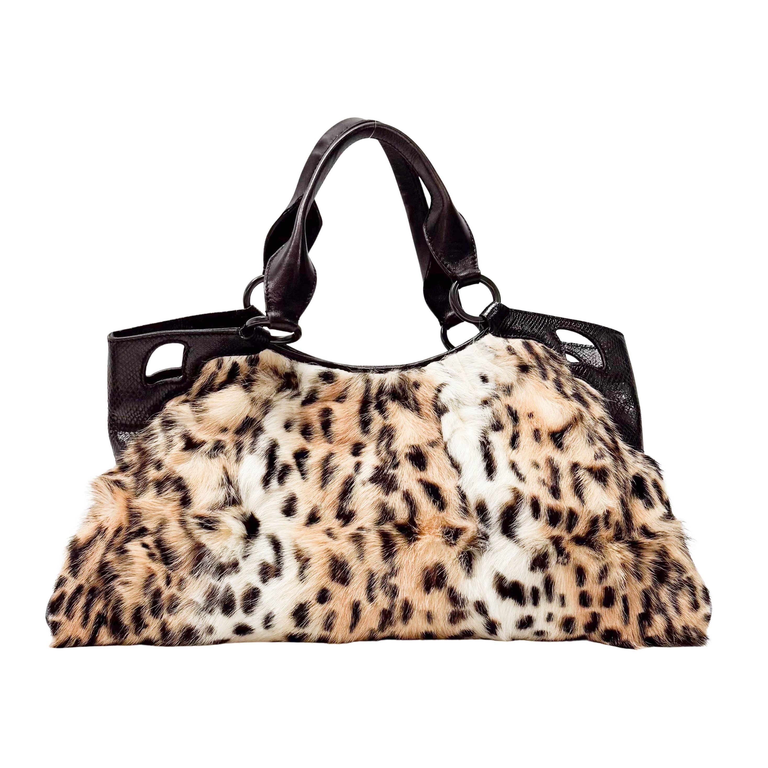 Neutral Leopard Print Pony Hair & Black Lizzard Embossed Leather Shoulder Bag