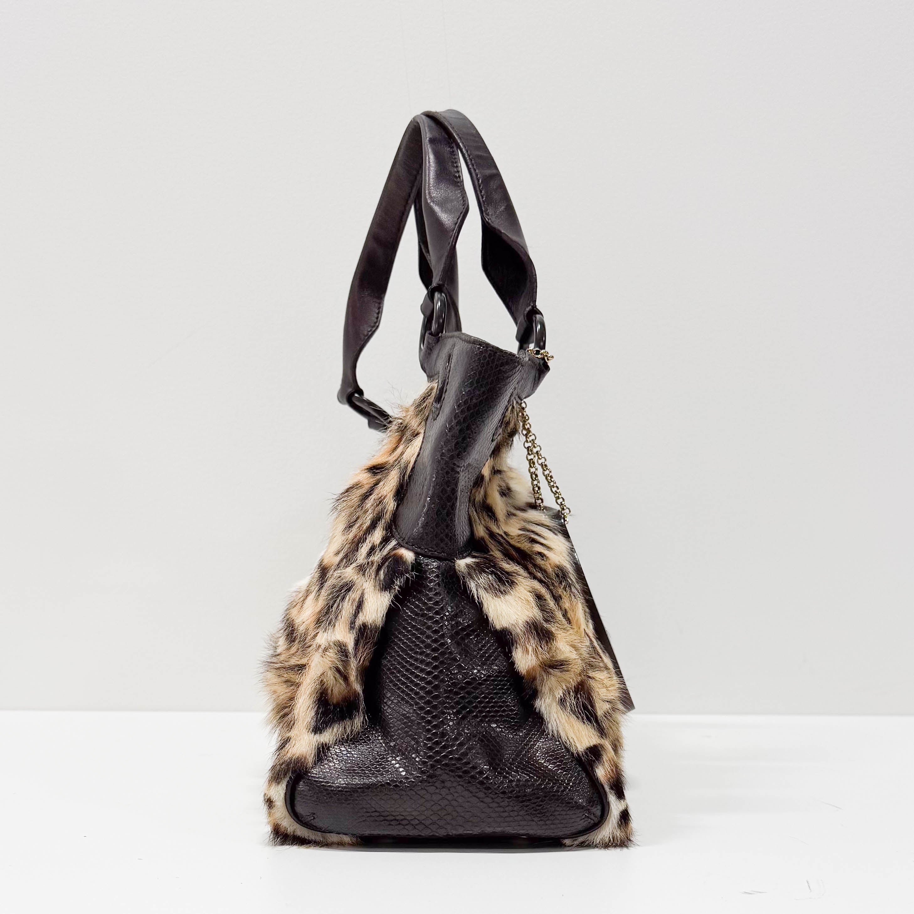 Neutral Leopard Print Pony Hair & Black Lizzard Embossed Leather Shoulder Bag