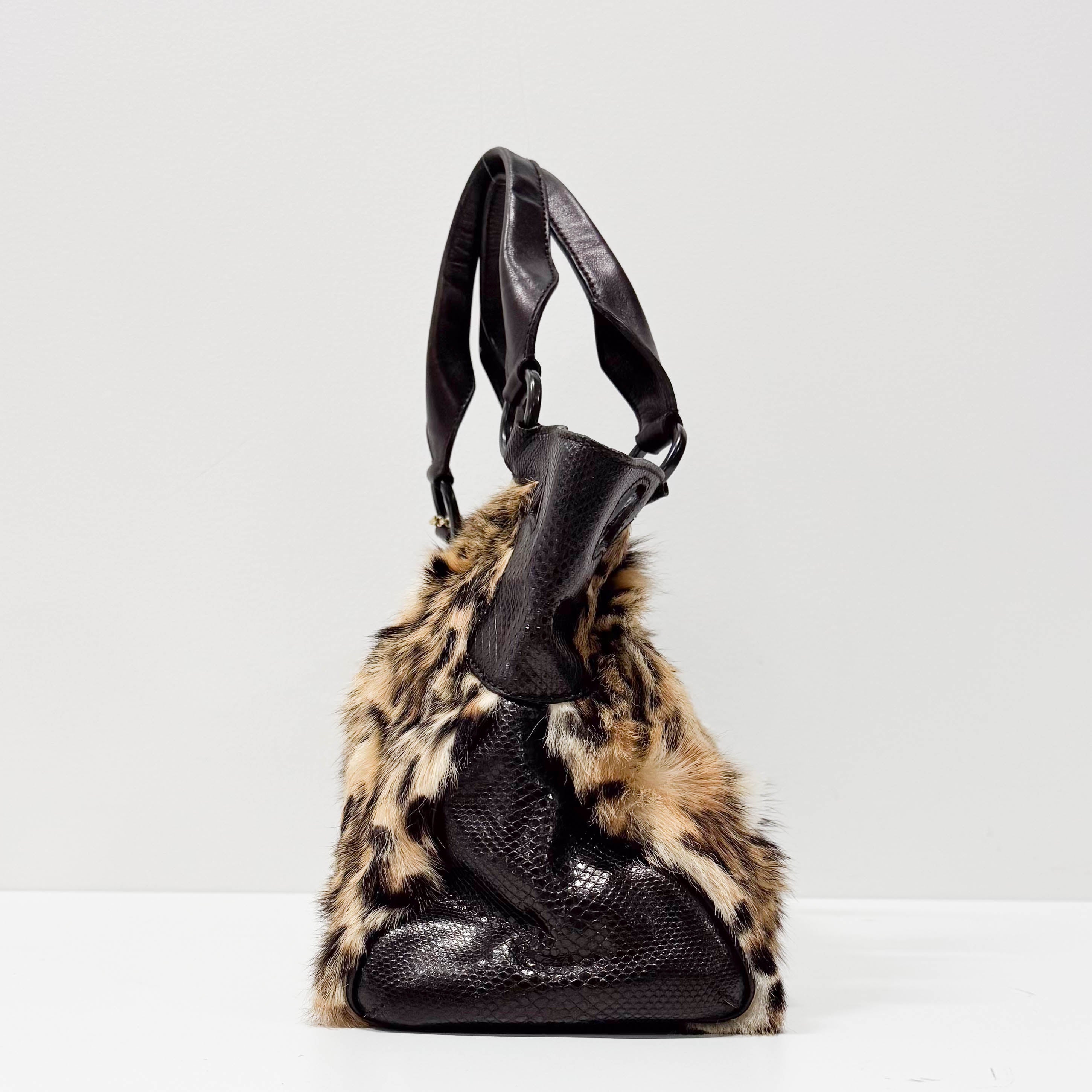 Neutral Leopard Print Pony Hair & Black Lizzard Embossed Leather Shoulder Bag