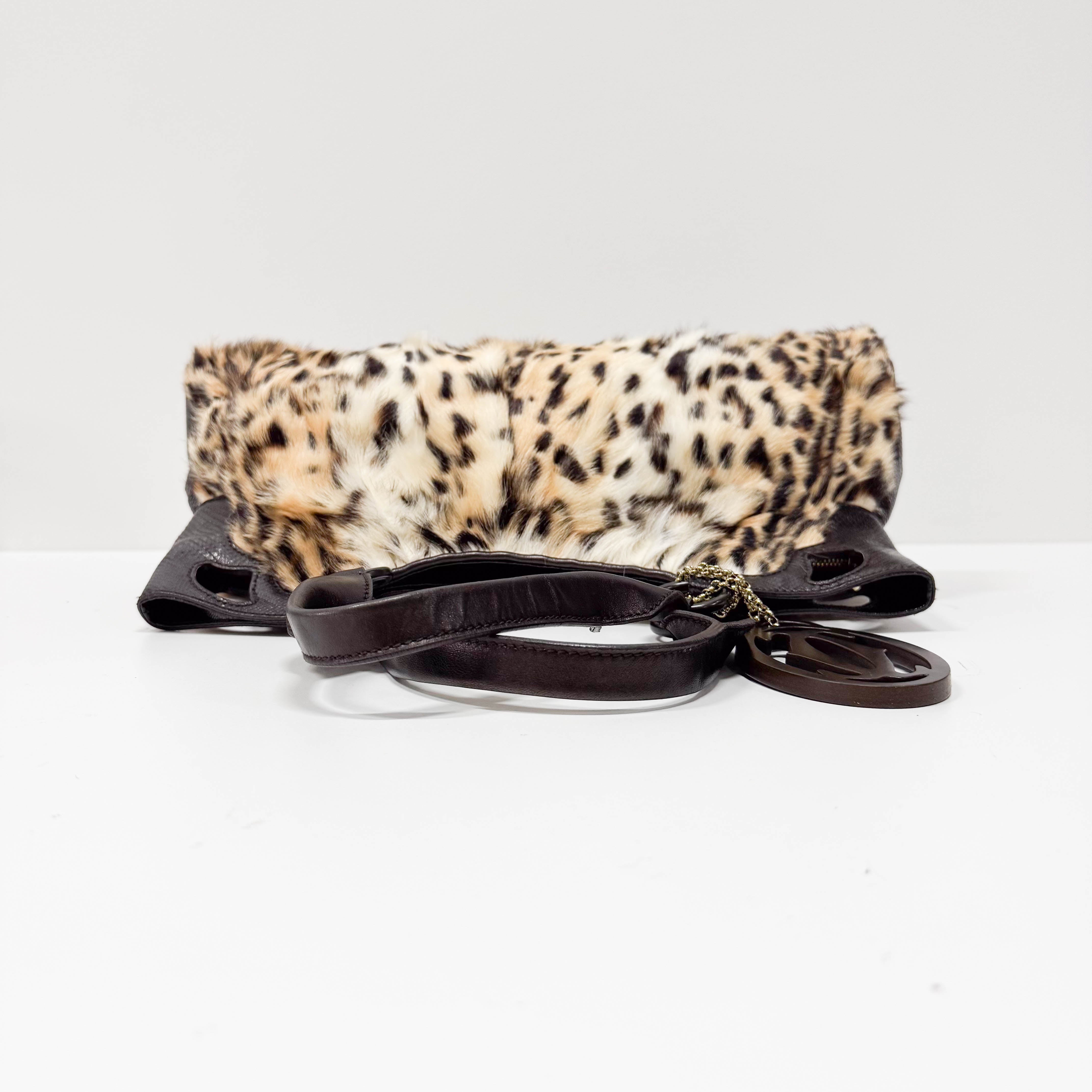 Neutral Leopard Print Pony Hair & Black Lizzard Embossed Leather Shoulder Bag
