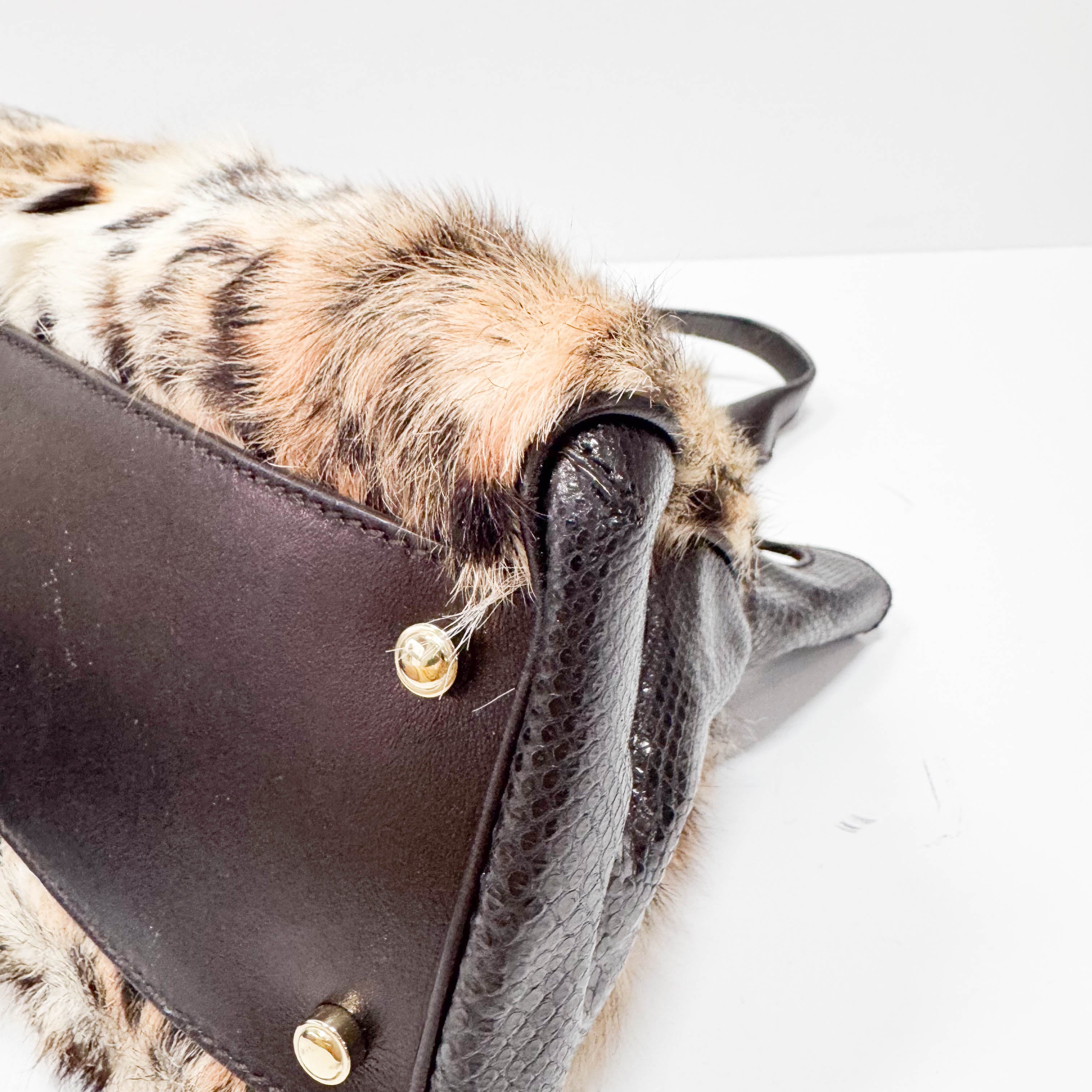 Neutral Leopard Print Pony Hair & Black Lizzard Embossed Leather Shoulder Bag