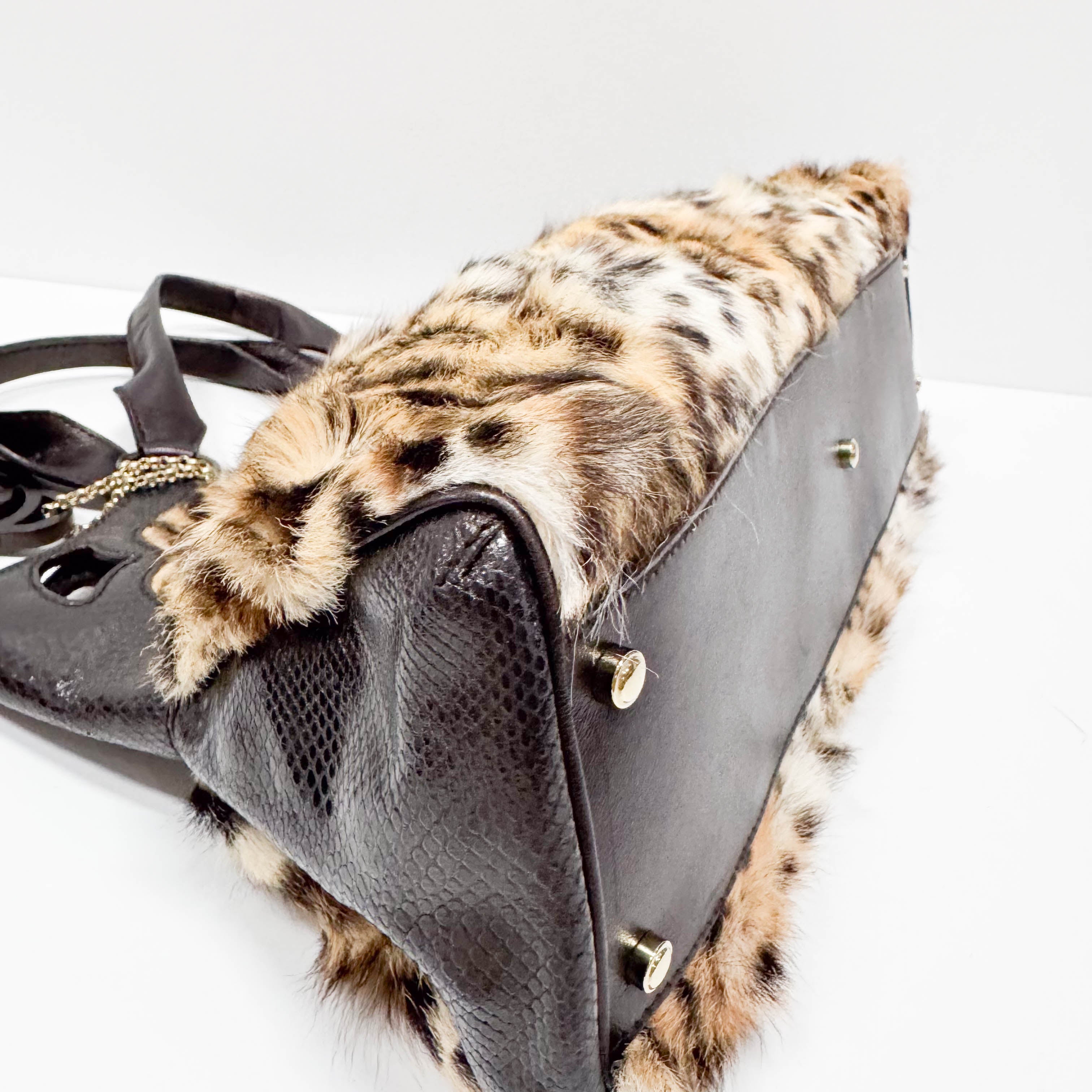 Neutral Leopard Print Pony Hair & Black Lizzard Embossed Leather Shoulder Bag