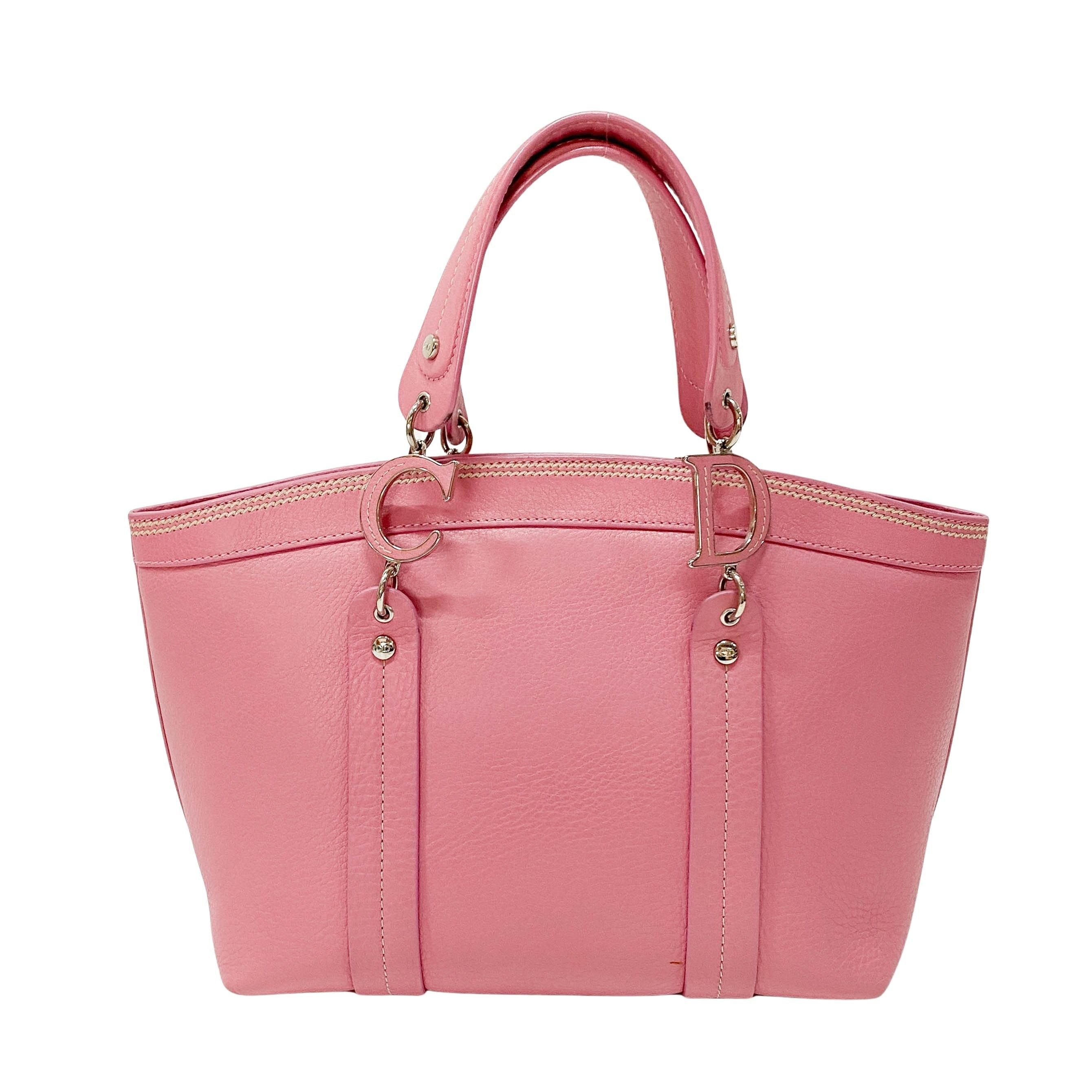Pink Floral Embroidery Grained Calfskin Leather Hand Bag