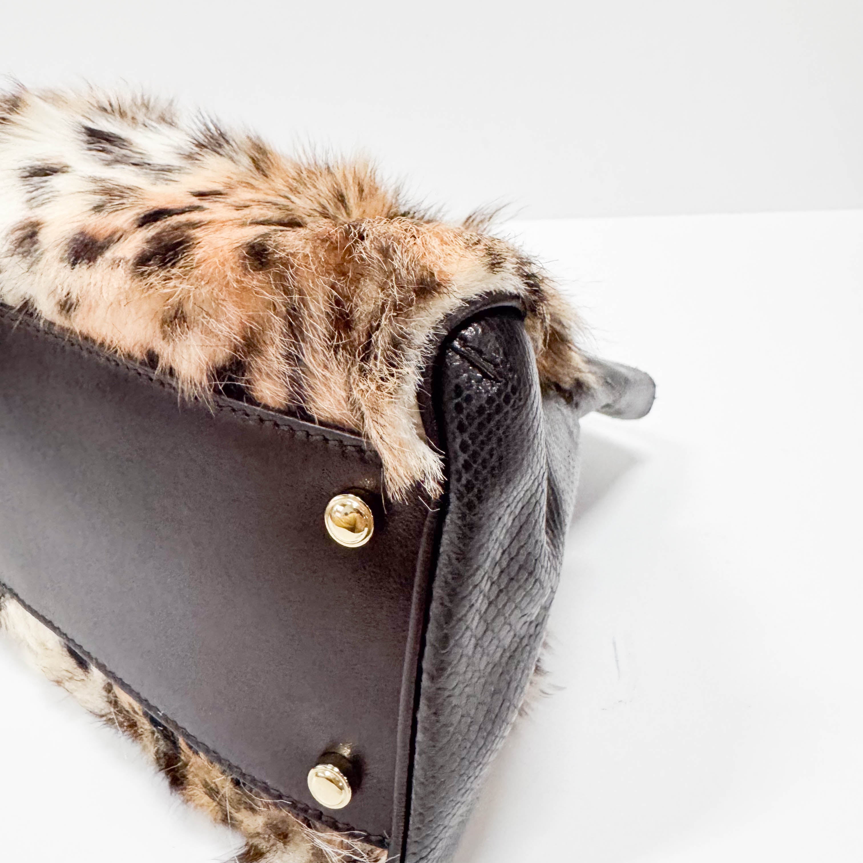 Neutral Leopard Print Pony Hair & Black Lizzard Embossed Leather Shoulder Bag