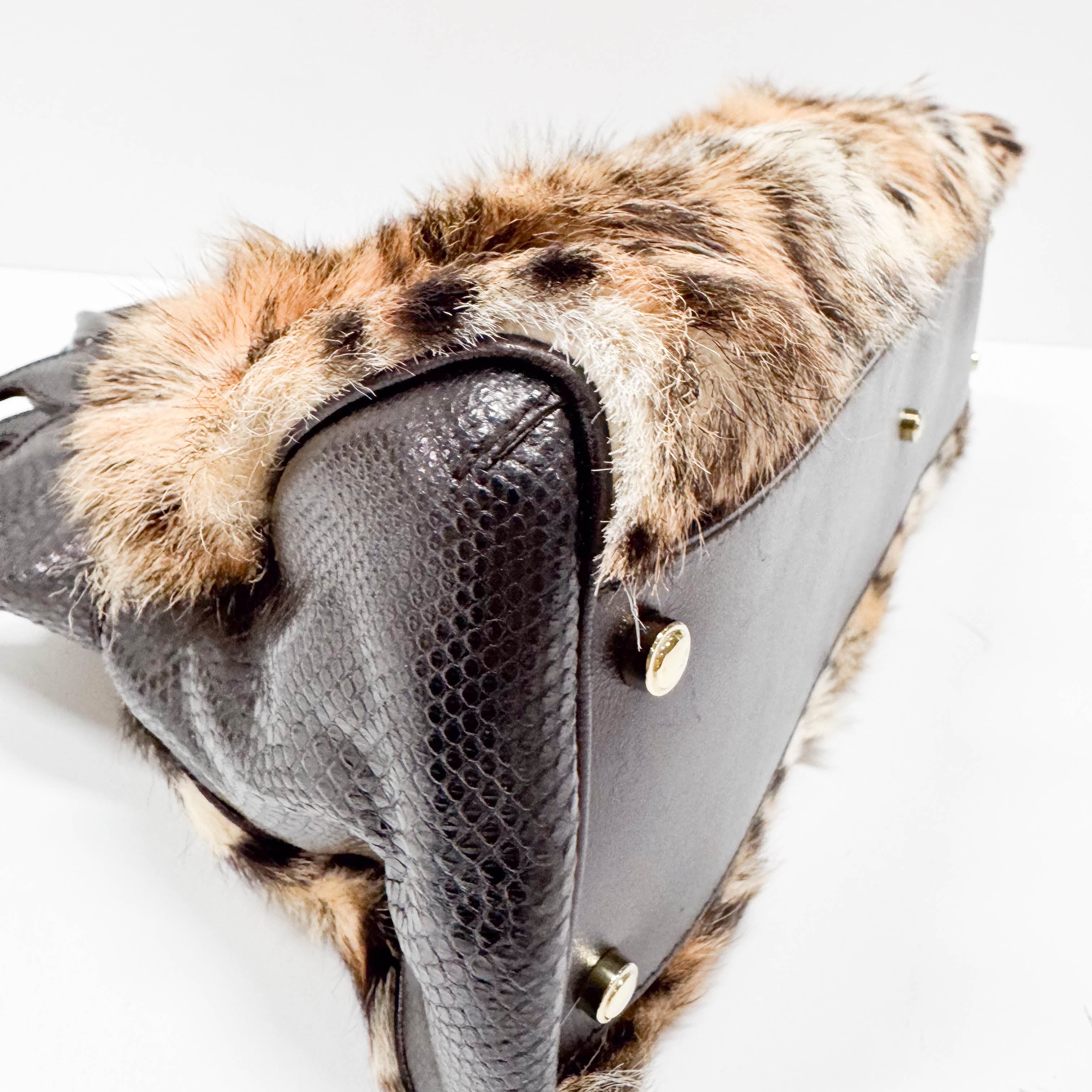 Neutral Leopard Print Pony Hair & Black Lizzard Embossed Leather Shoulder Bag