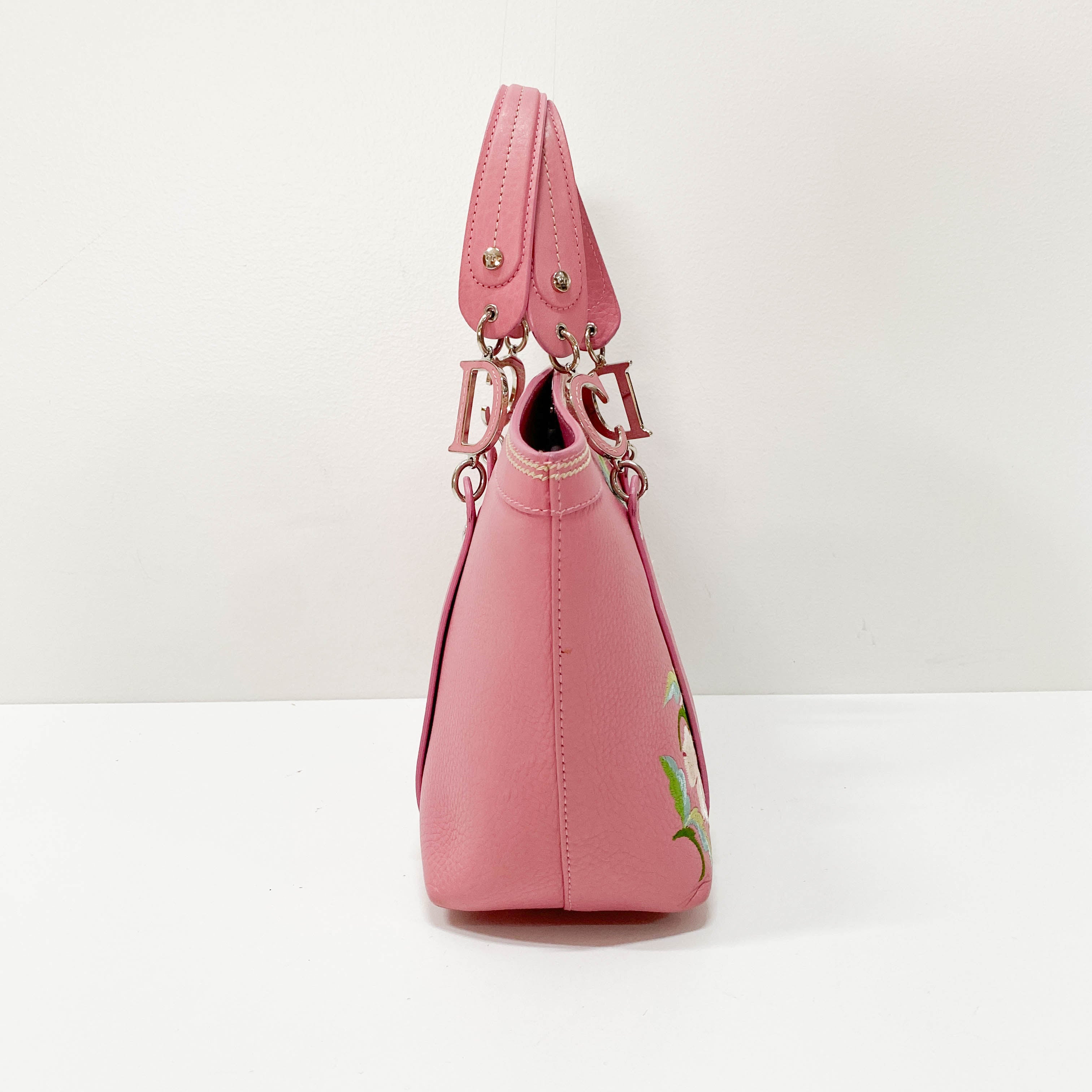 Pink Floral Embroidery Grained Calfskin Leather Hand Bag