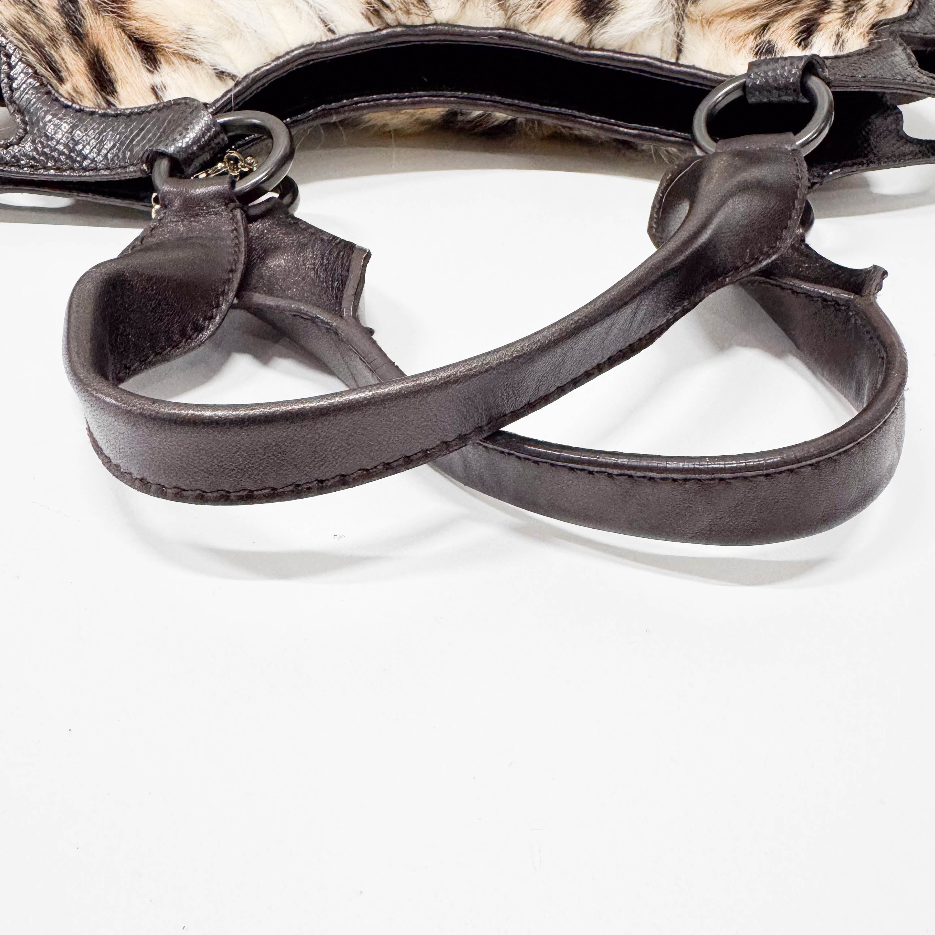 Neutral Leopard Print Pony Hair & Black Lizzard Embossed Leather Shoulder Bag