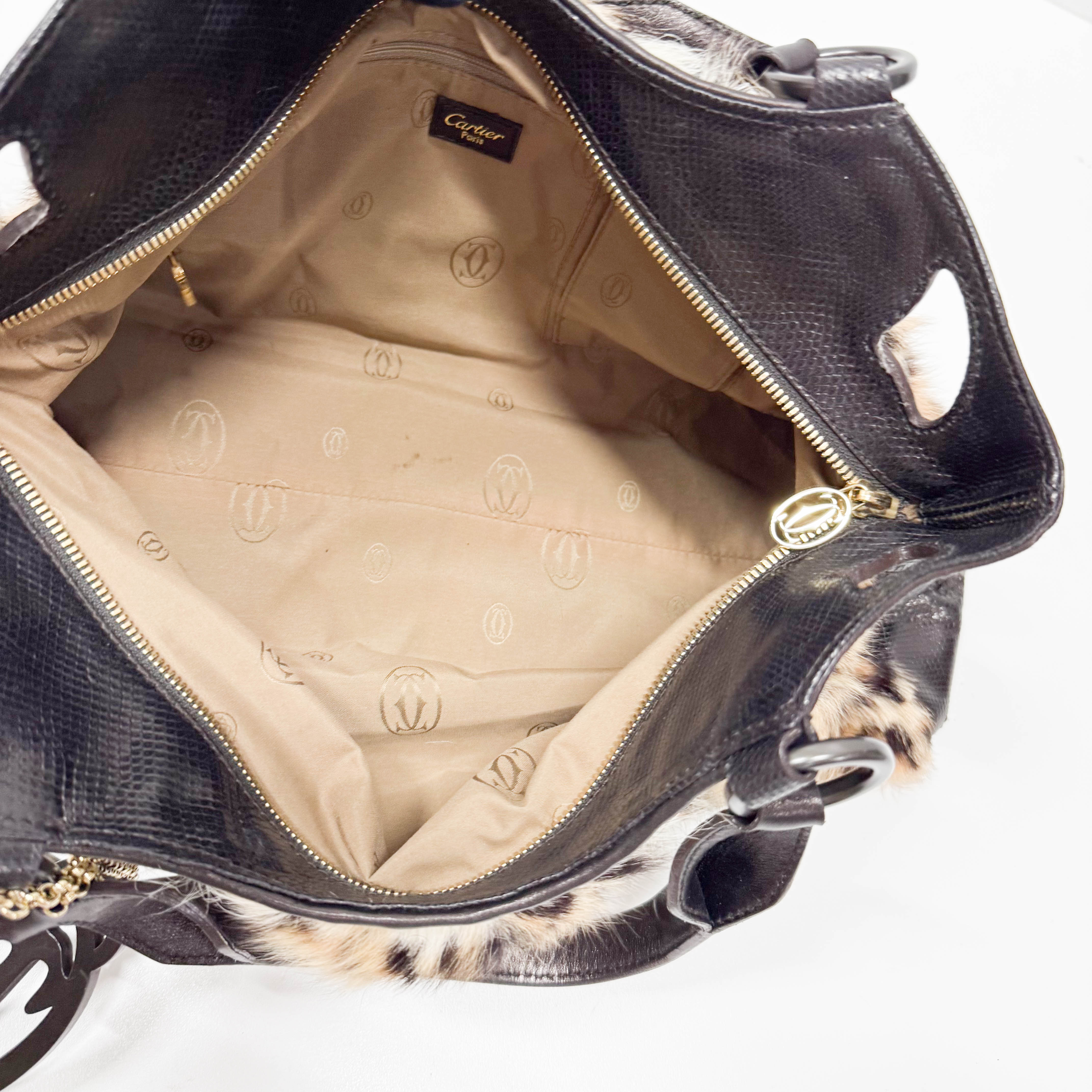 Neutral Leopard Print Pony Hair & Black Lizzard Embossed Leather Shoulder Bag