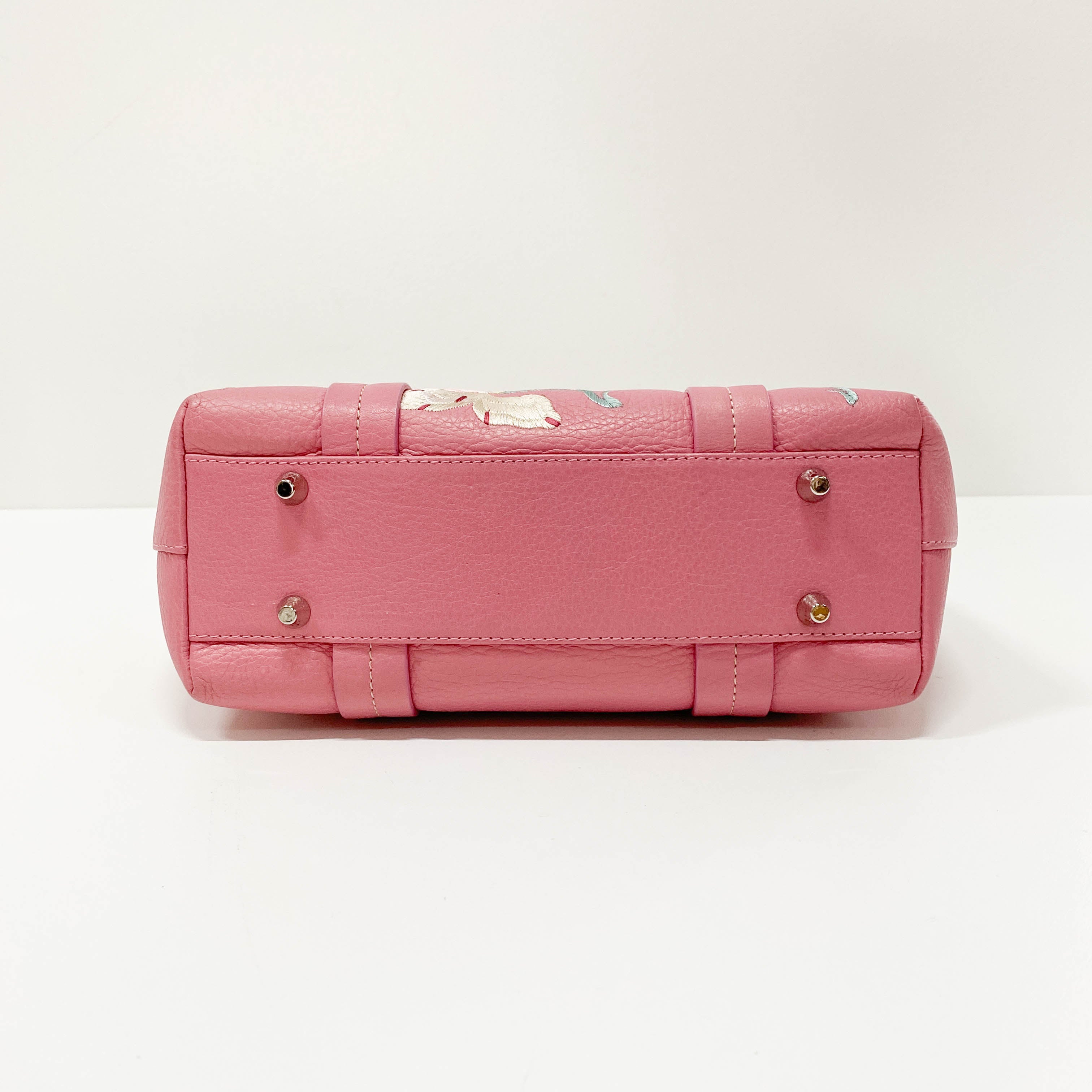 Pink Floral Embroidery Grained Calfskin Leather Hand Bag