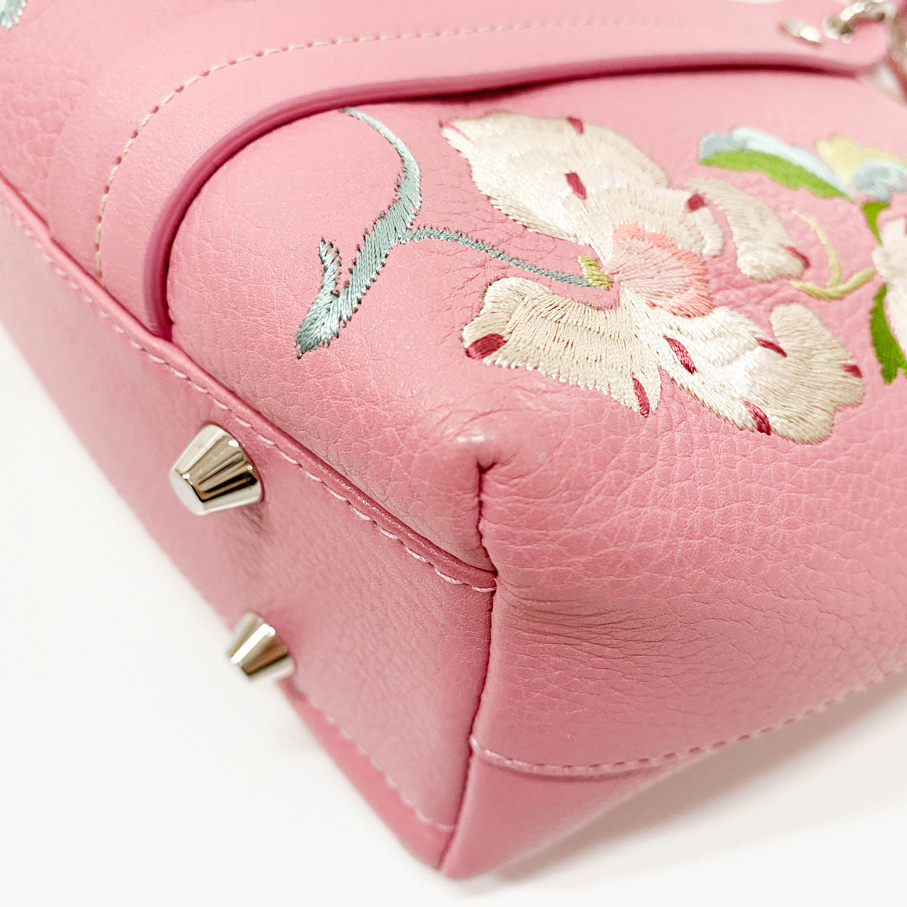 Pink Floral Embroidery Grained Calfskin Leather Hand Bag