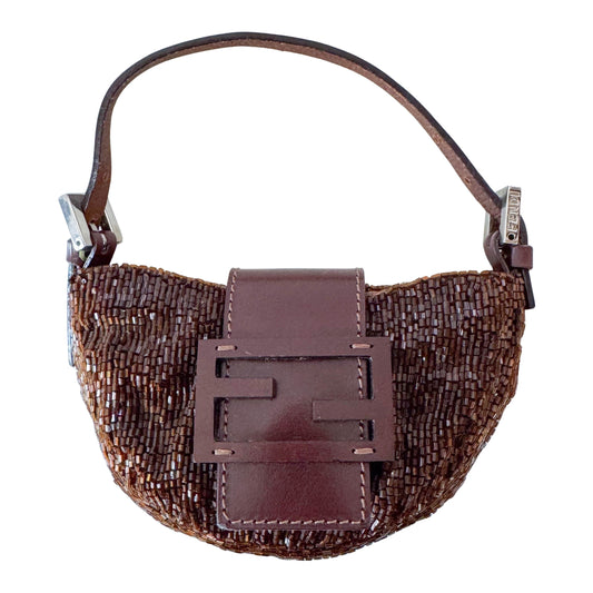 Mini Croissant Brown Beaded Bag