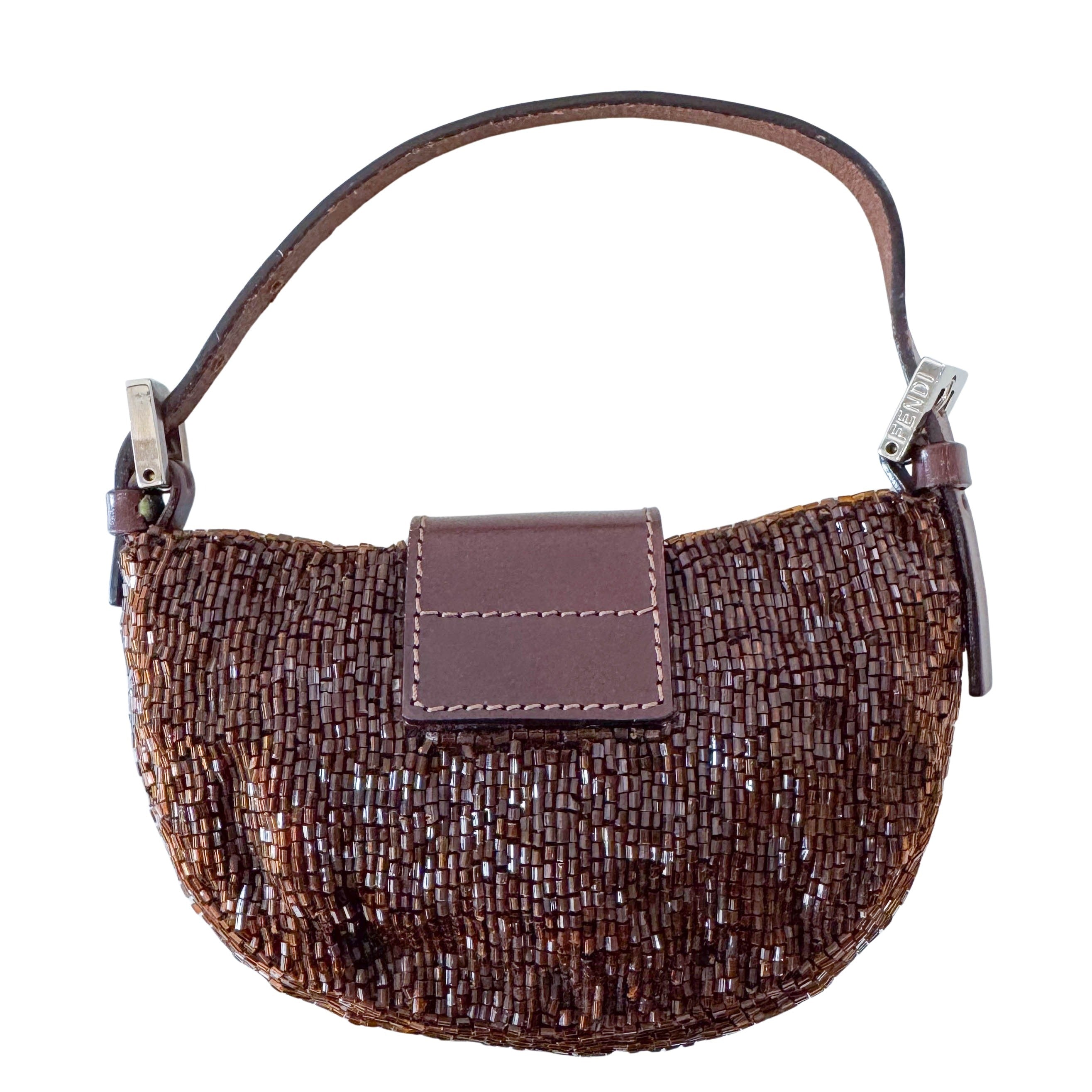 Mini Croissant Brown Beaded Bag