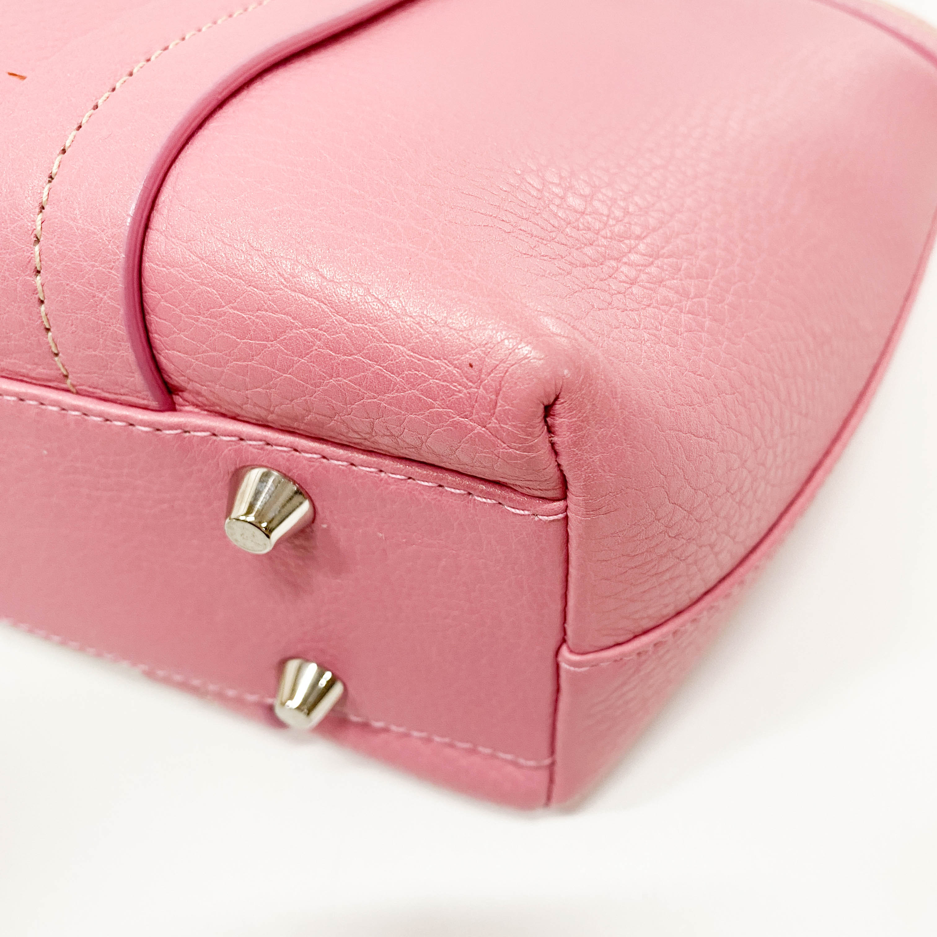 Pink Floral Embroidery Grained Calfskin Leather Hand Bag