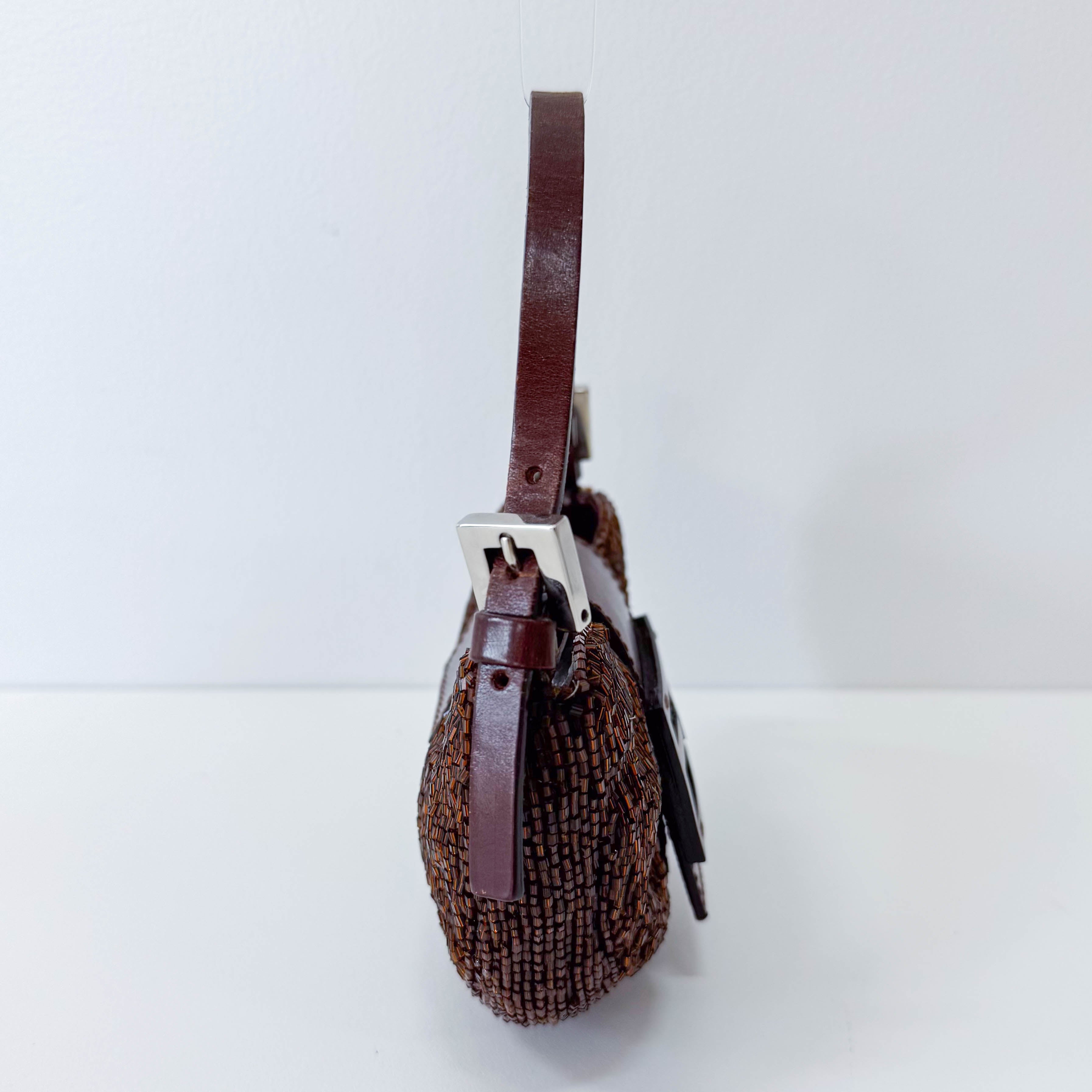 Mini Croissant Brown Beaded Bag