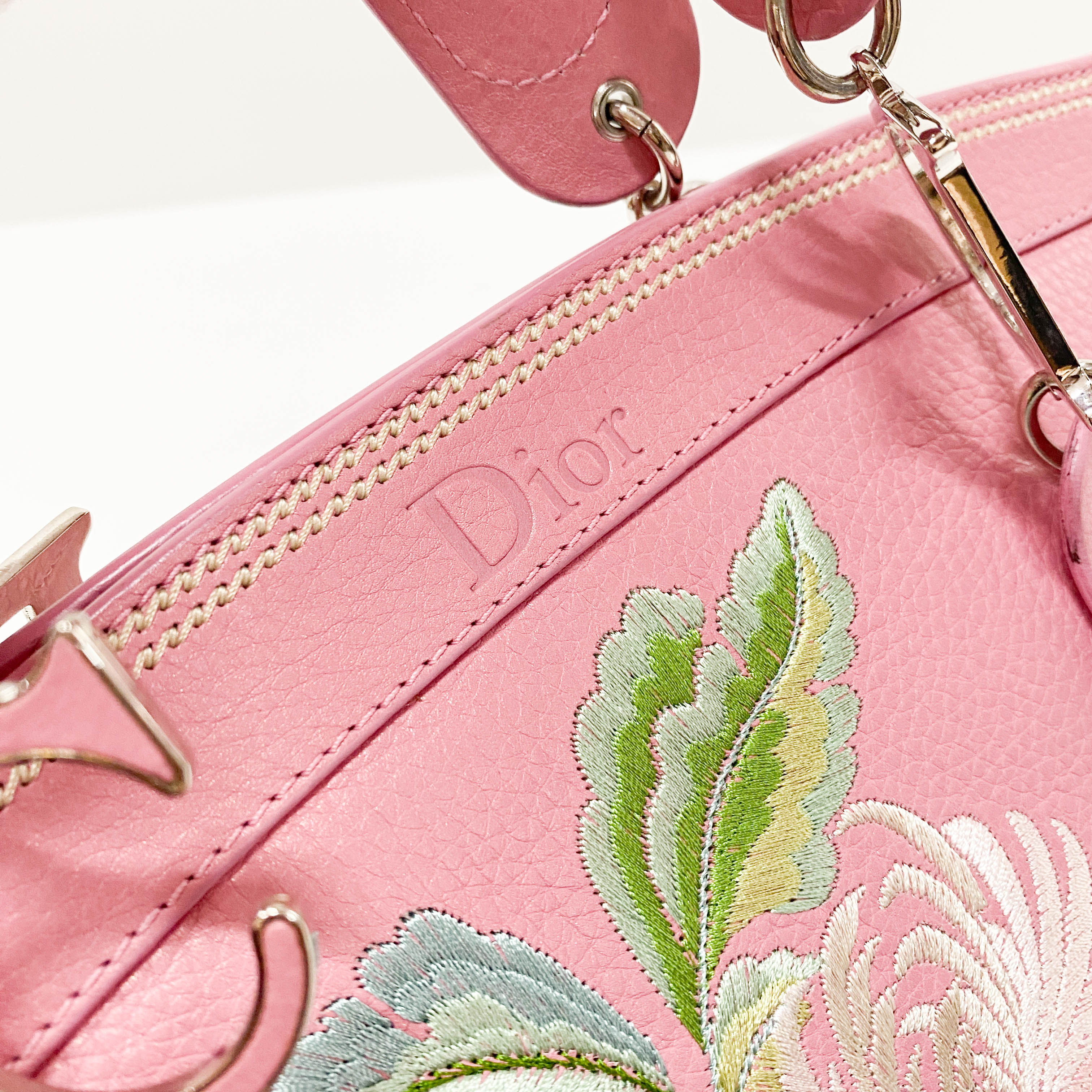 Pink Floral Embroidery Grained Calfskin Leather Hand Bag