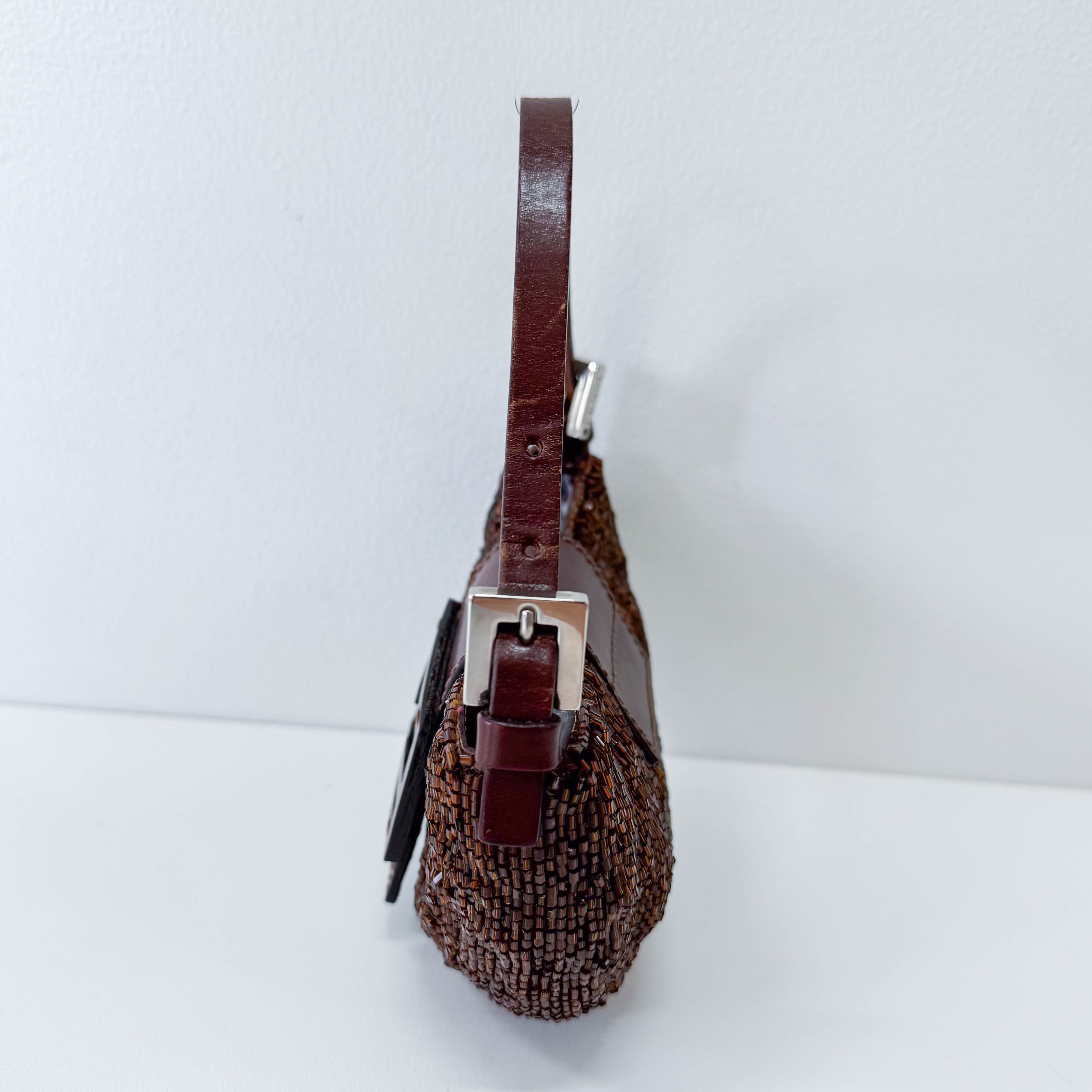 Mini Croissant Brown Beaded Bag