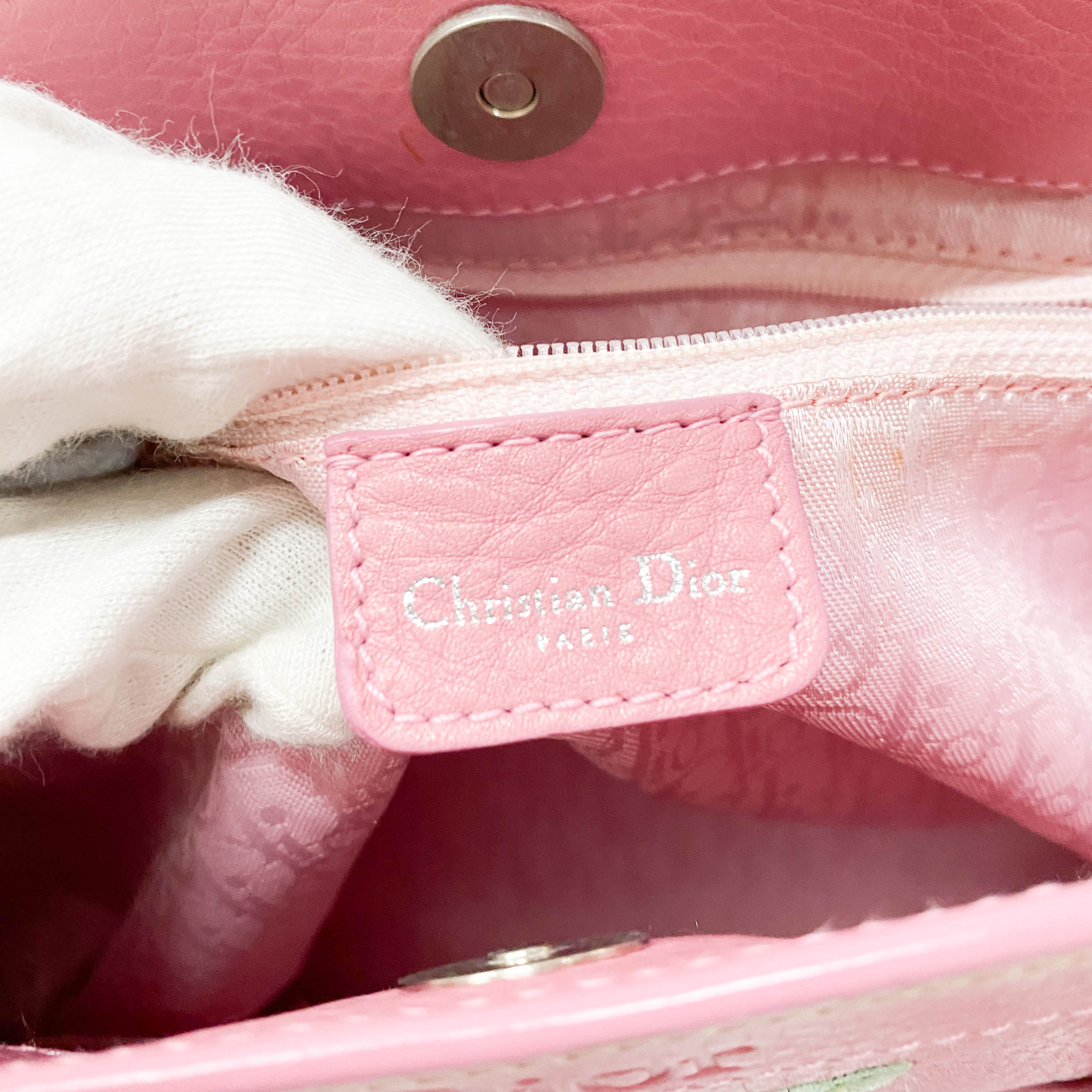 Pink Floral Embroidery Grained Calfskin Leather Hand Bag