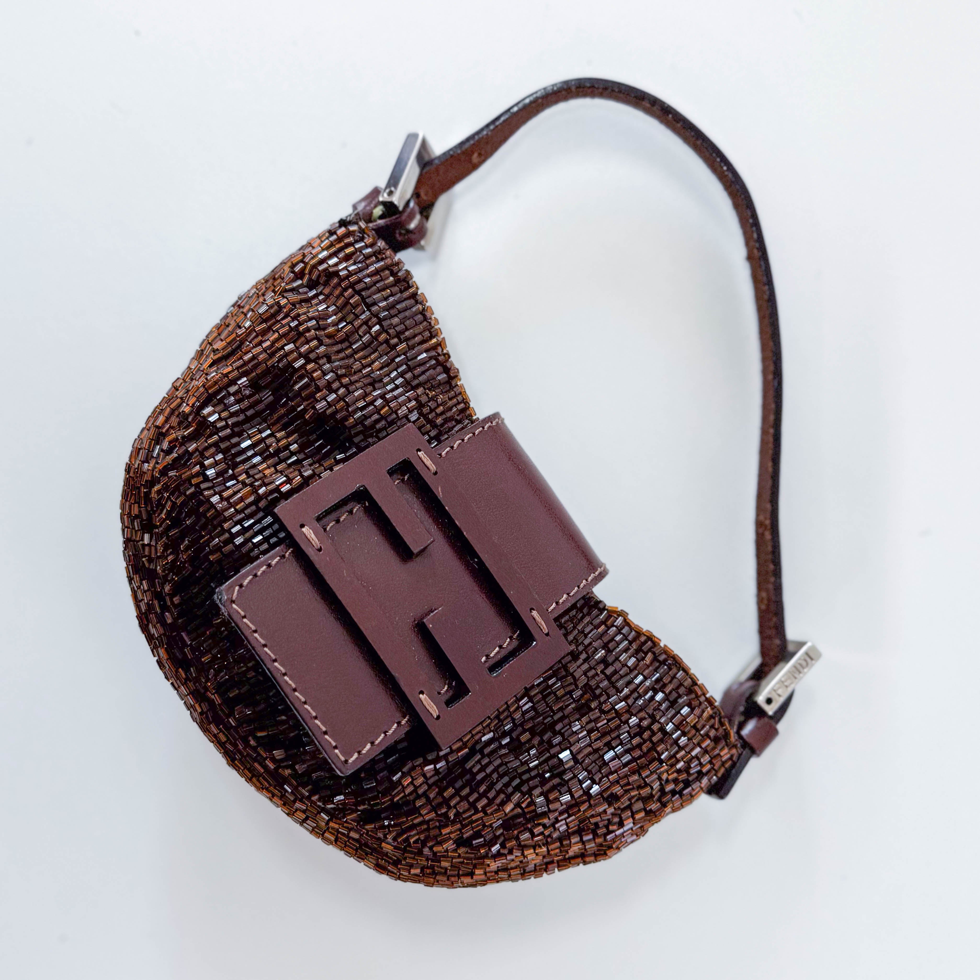 Mini Croissant Brown Beaded Bag