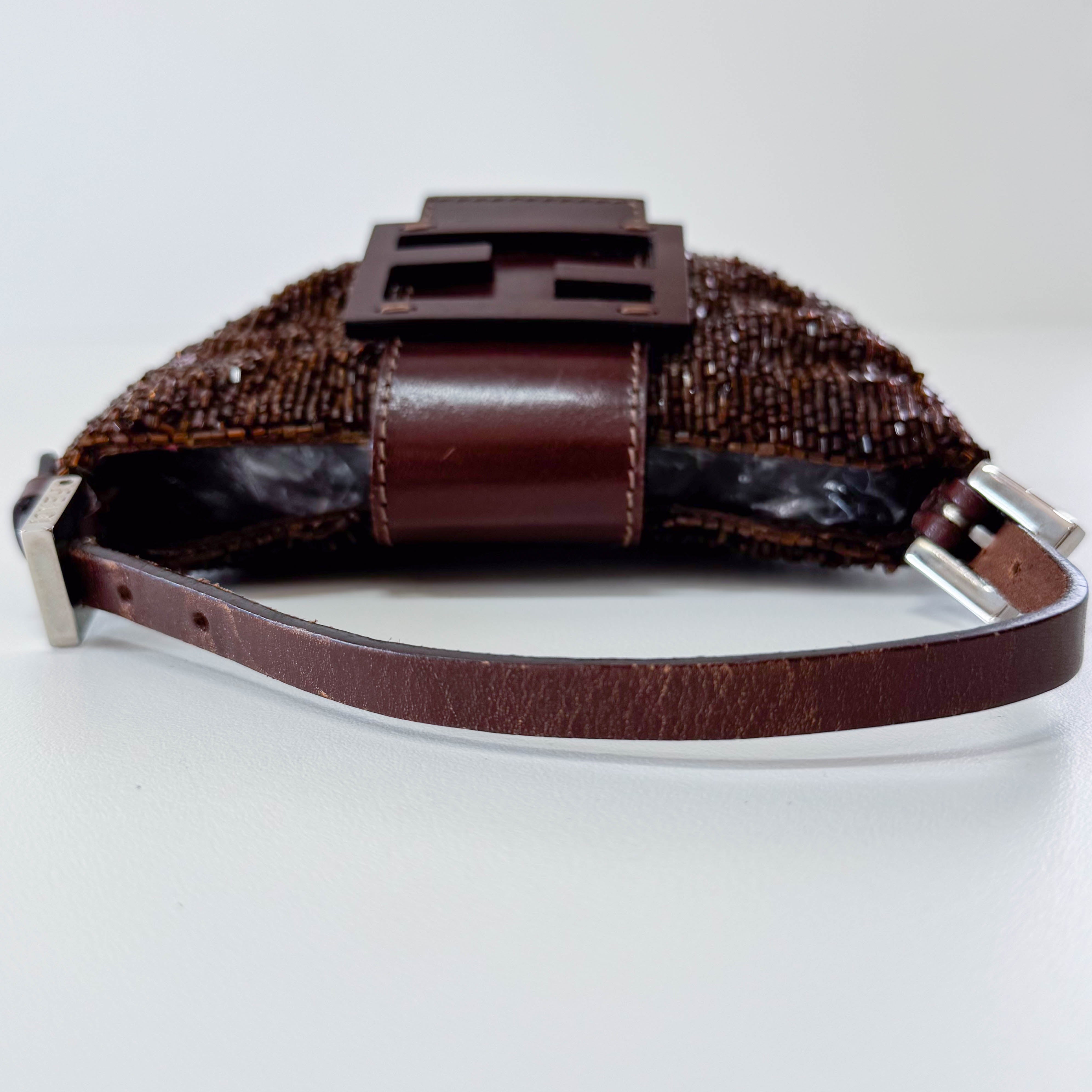 Mini Croissant Brown Beaded Bag