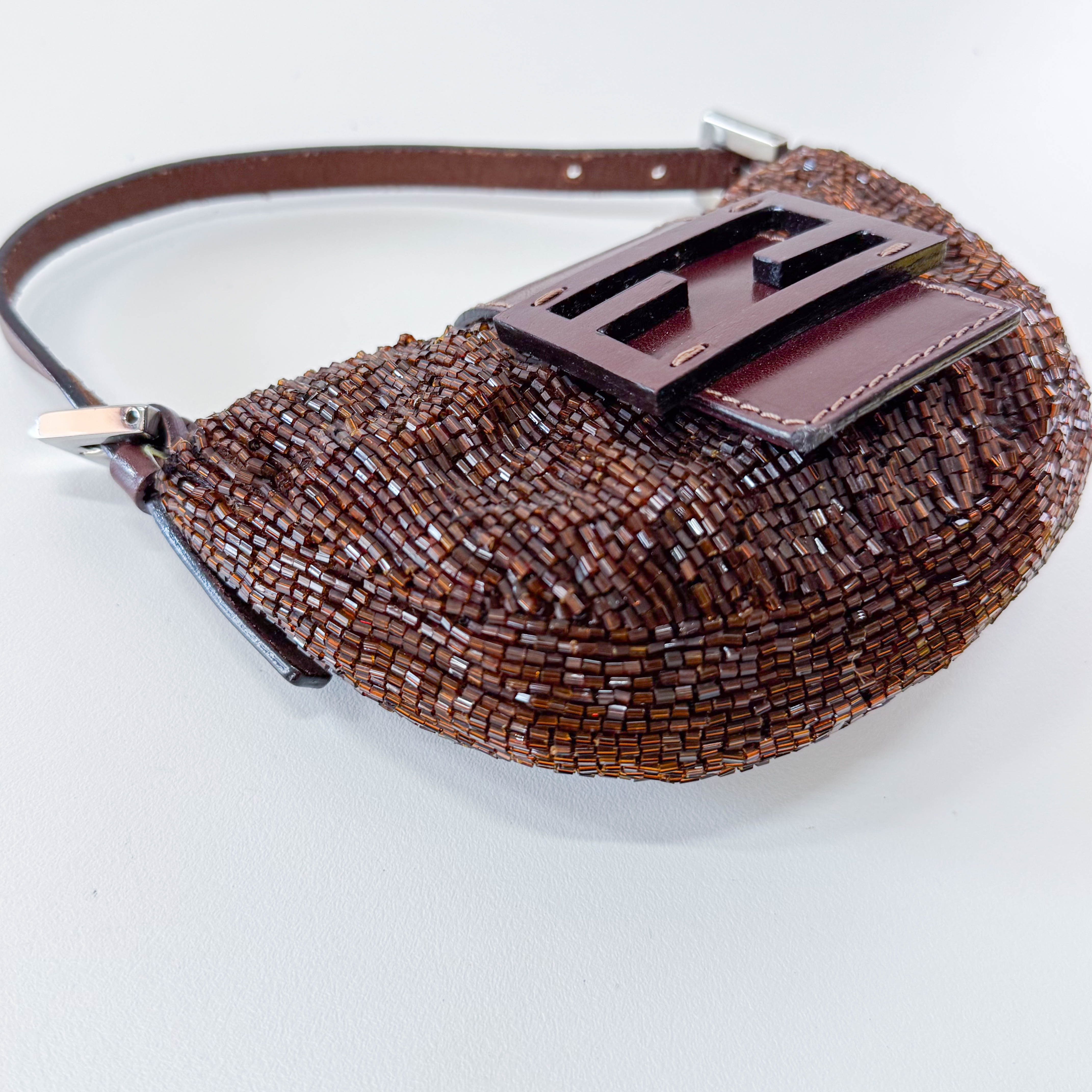Mini Croissant Brown Beaded Bag